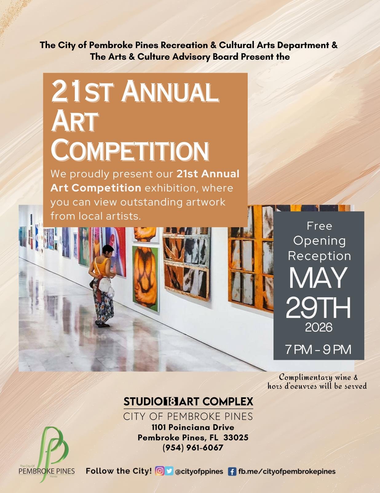 "21st Annual Art Competition" at Studio 18 Art Complex in Pembroke Pines, Florida. Opening on May 29th of 2026