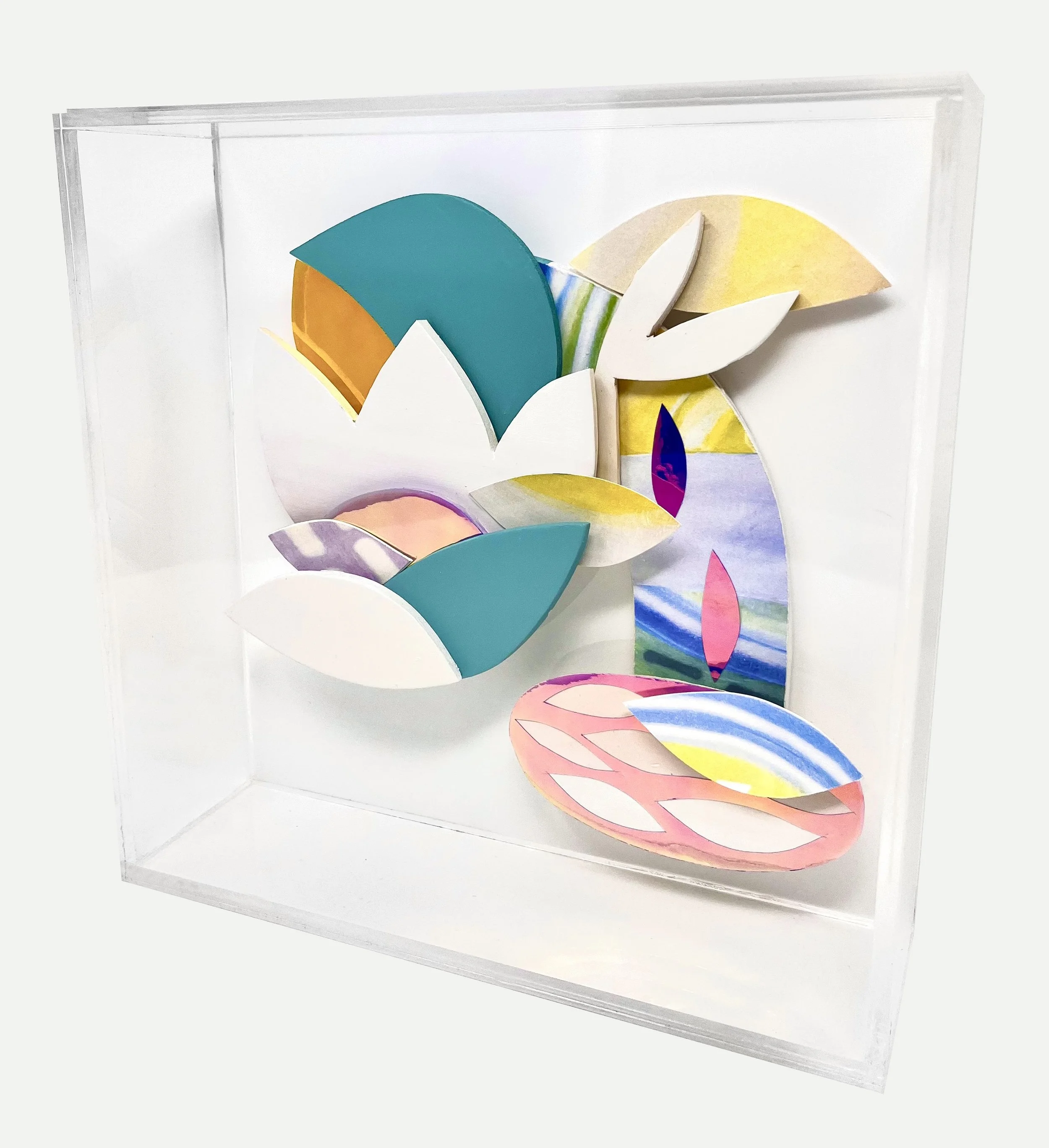 "Garden and Waterfall", mixed media sculpture on acrylic box, 2025