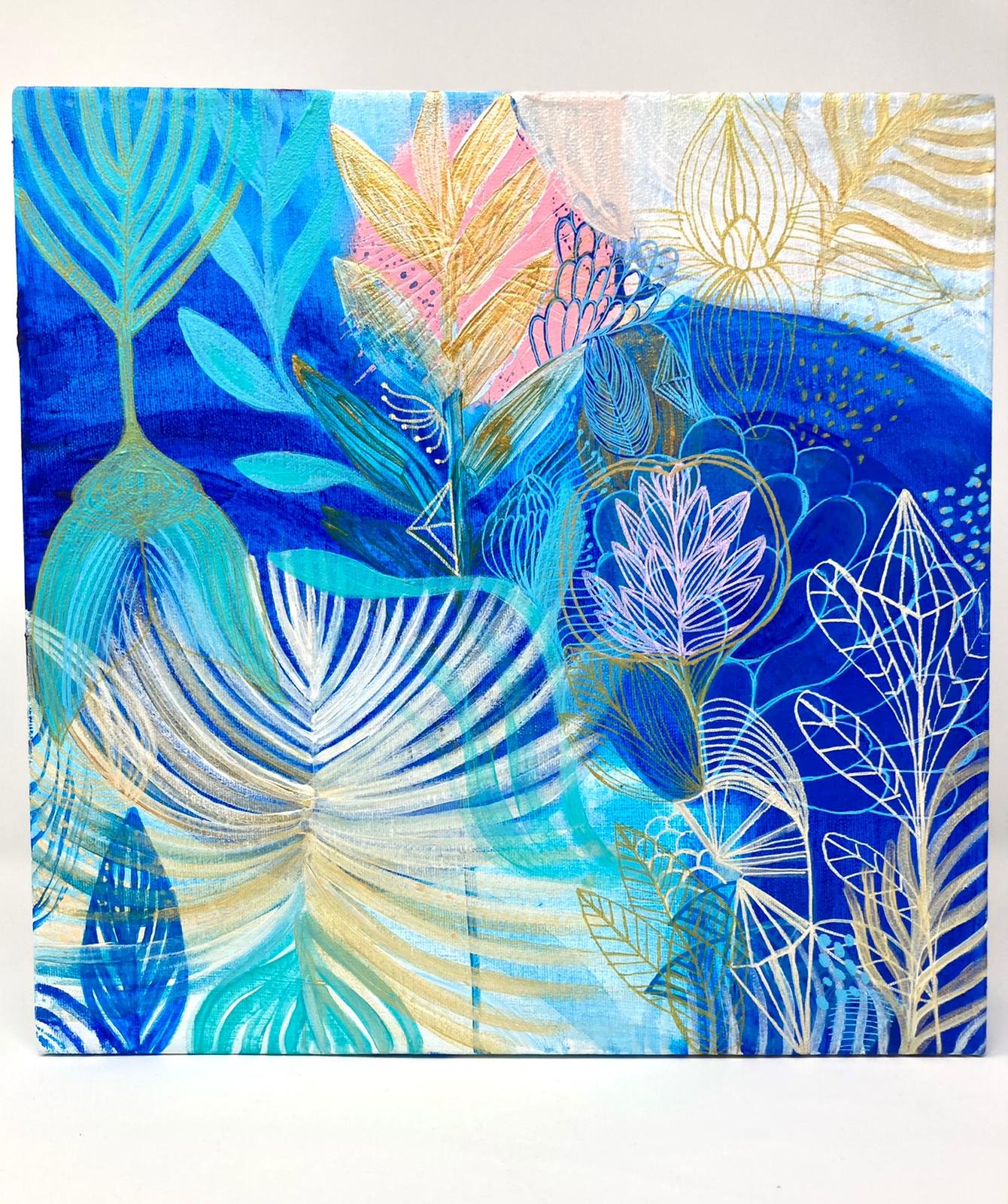 "Orchids and palm trees", mixed media on cloth, 11'8 × 11'8 × 3'1 inches, 2021