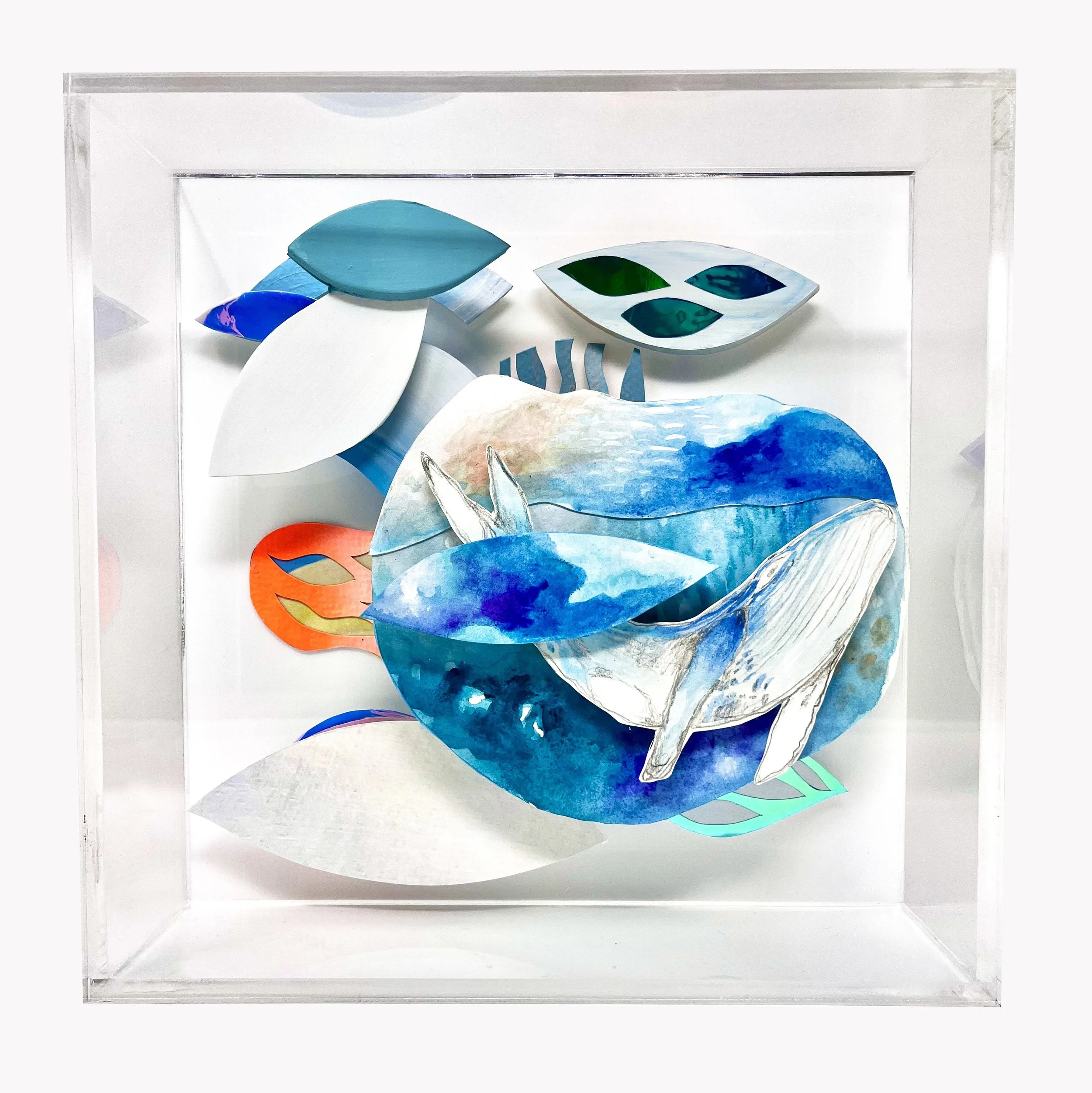 "Into the Deeps. Sea Transtis Collection", mixed media sculpture on acrylic box, 26 x 26 x 8 inches, 2024