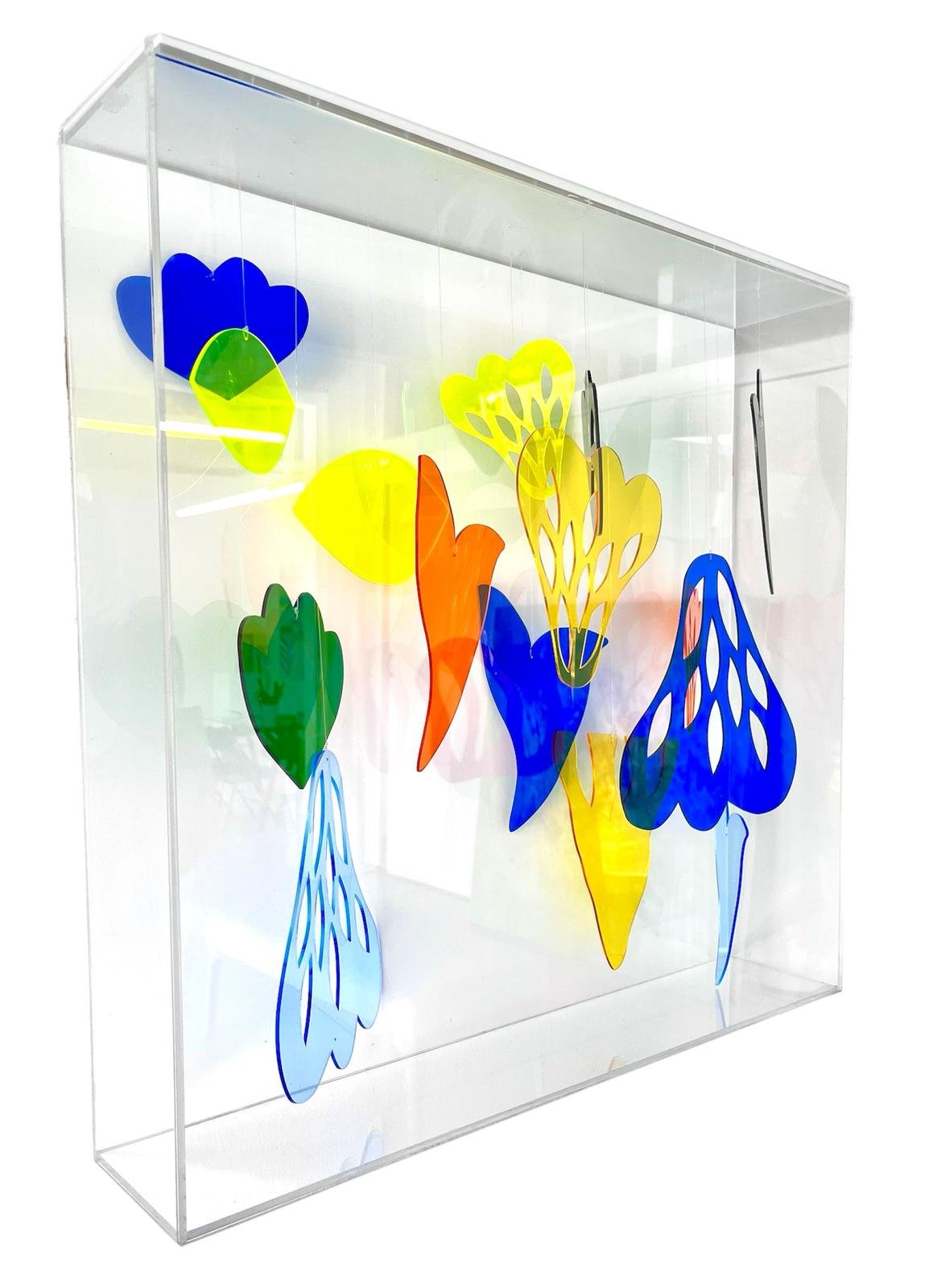 "Birds and Flowers II", hanging blue pieces on box, 28 x 28 inches, 2025