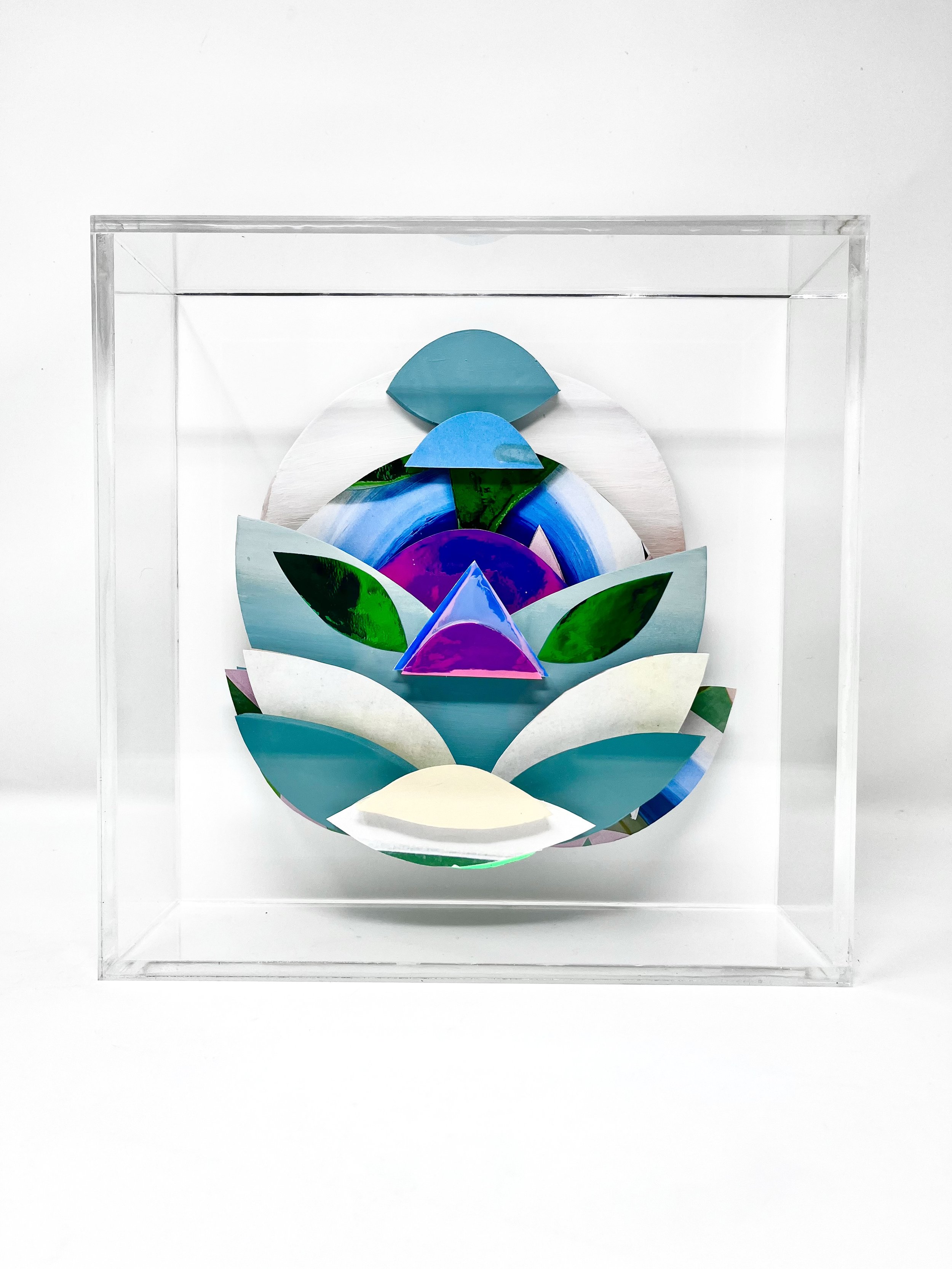 "Night Flower", mixed media sculpture on acrylic box, 26 x 26 x 8 inches, 2024