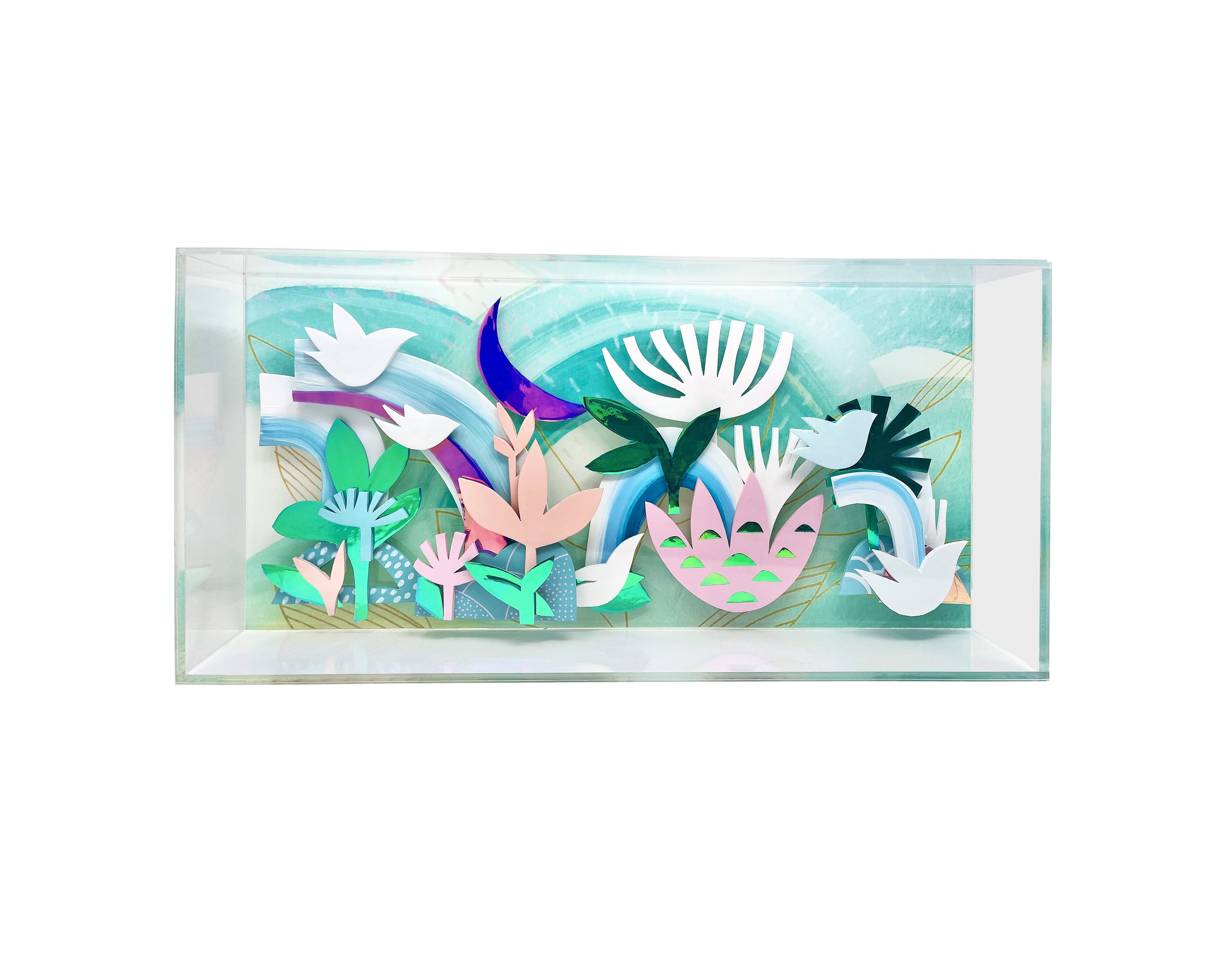"Moon", mixed media sculpture on acrylic box, 11'8 x 39'37 x 3 inches, 2023