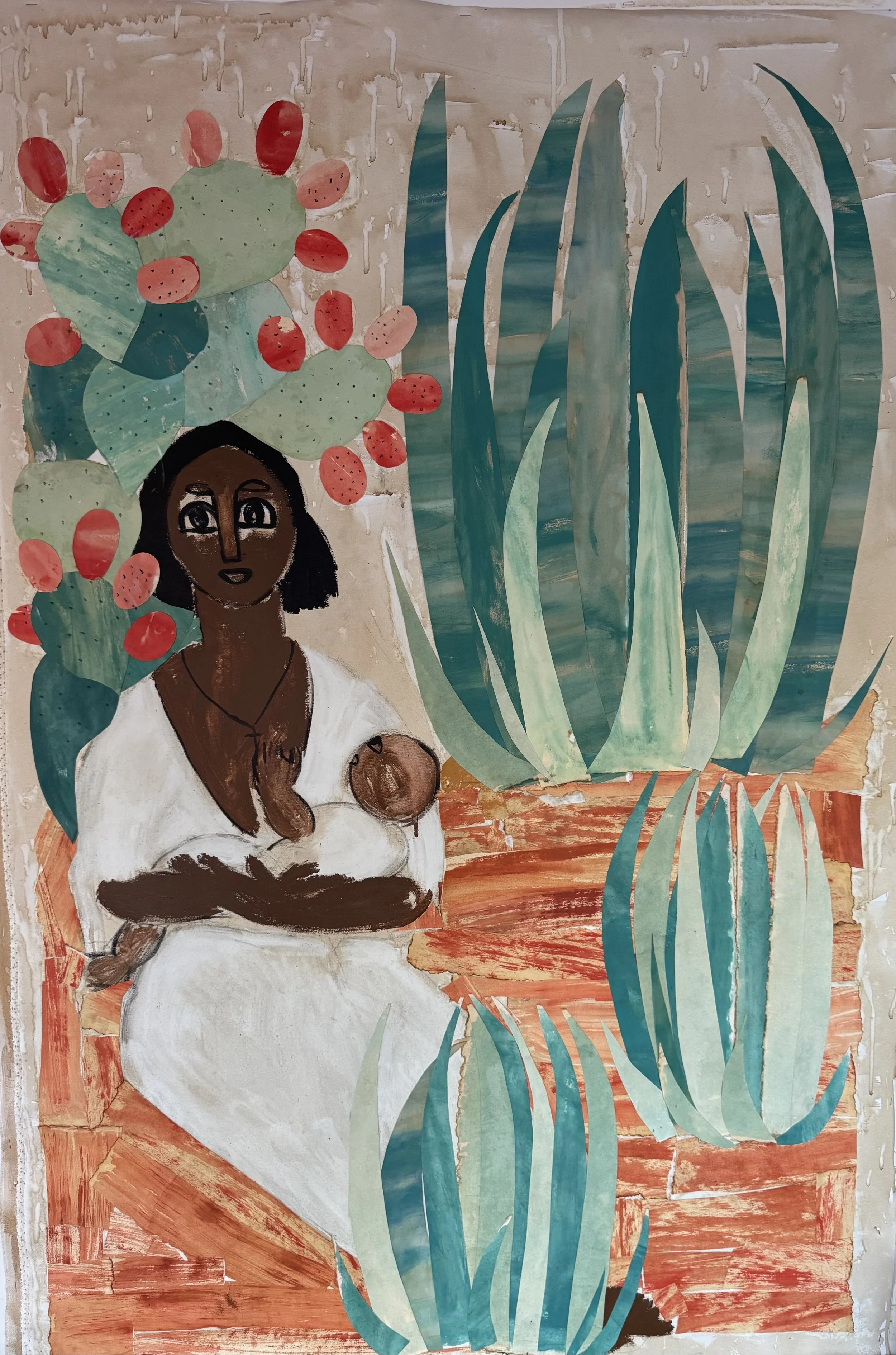 Three seasons, 2026
collage with coffee, watercolor paper and acrylic on canvas
40 x 59 inch