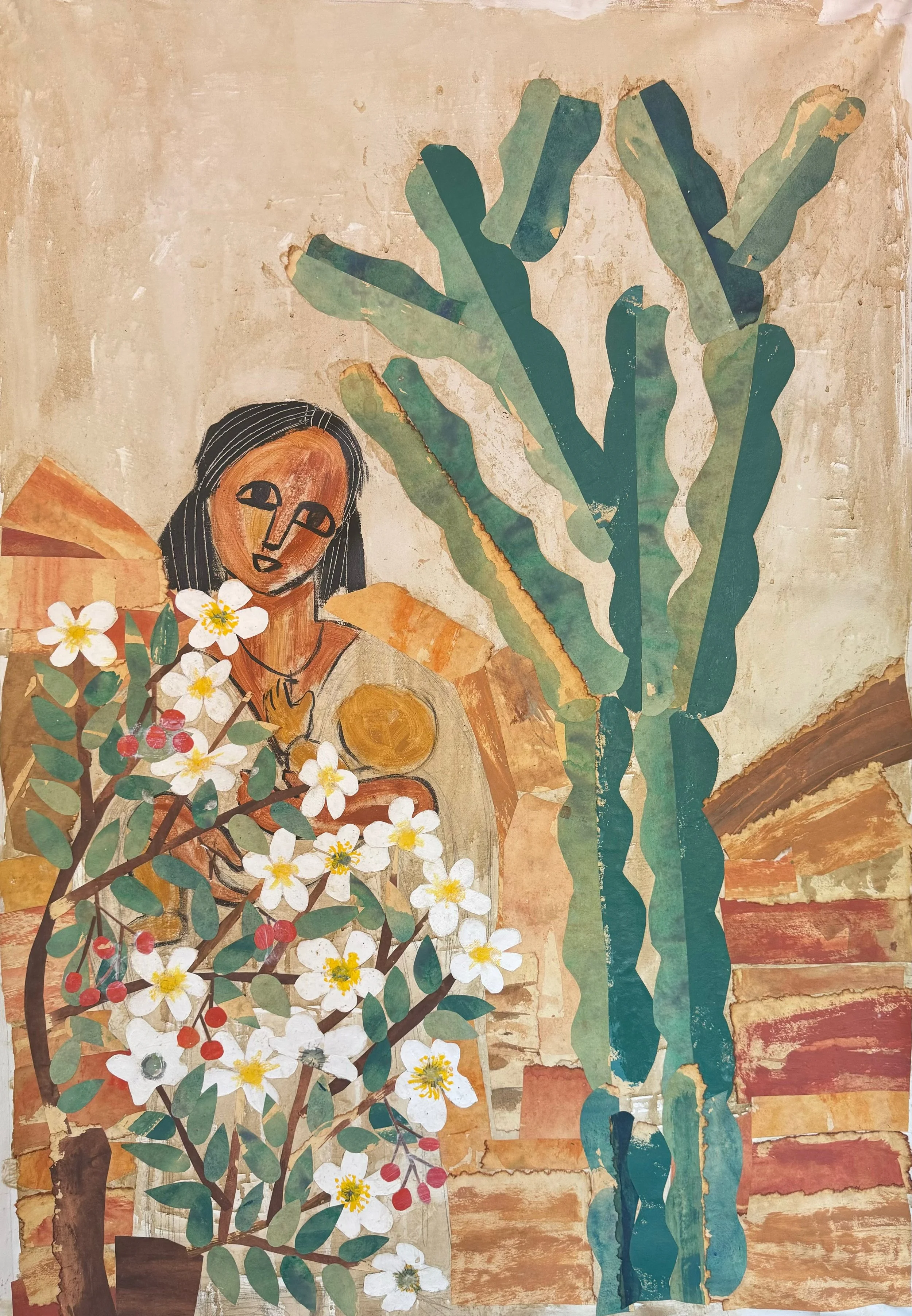 Mother and Child, 2024
collage with coffee, watercolor paper and acrylic on canvas
46 x 31 in