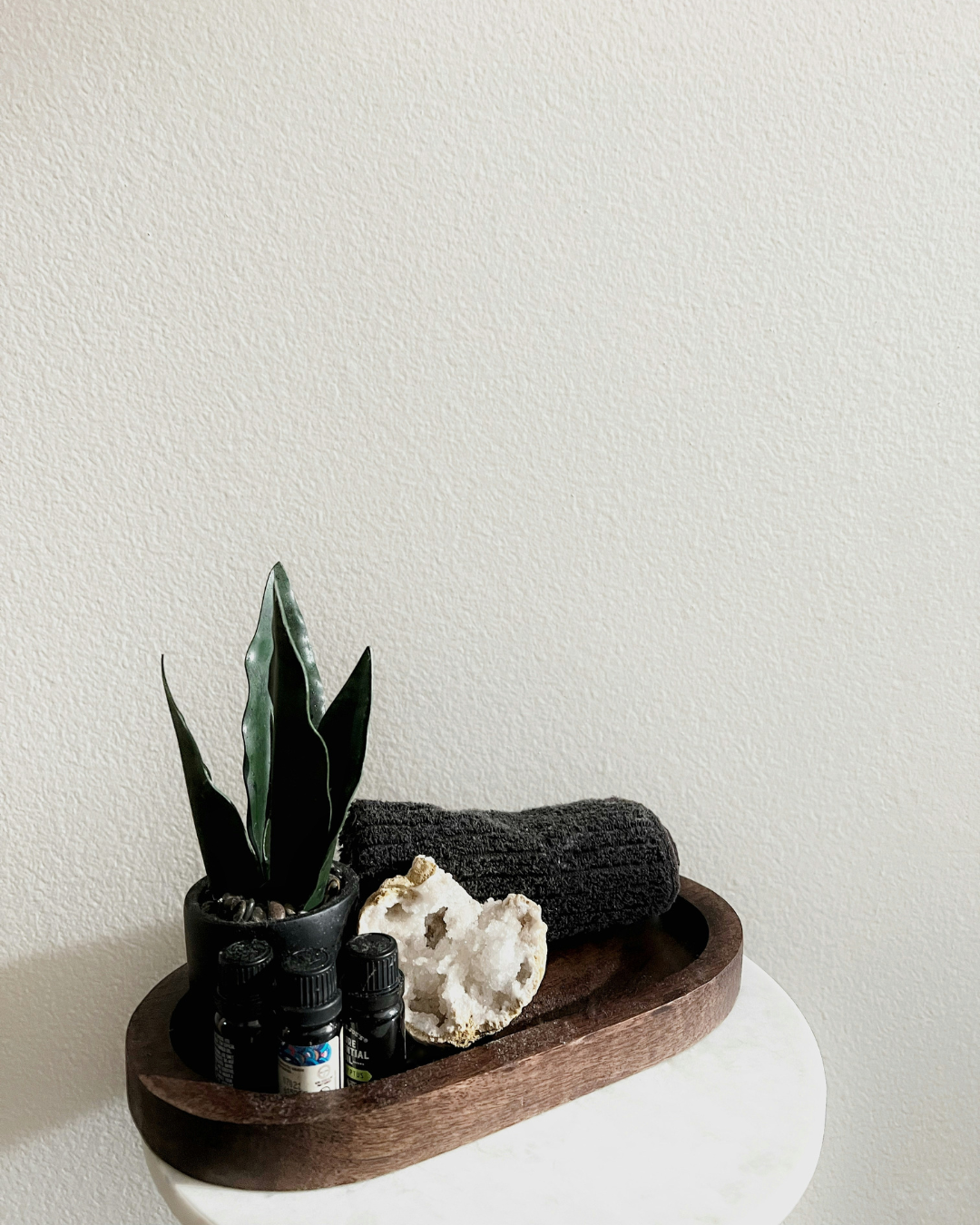 Decorative wooden tray with a potted snake plant, black rolled towel, white coral, and small bottles, placed on a white side table against a cream wall.