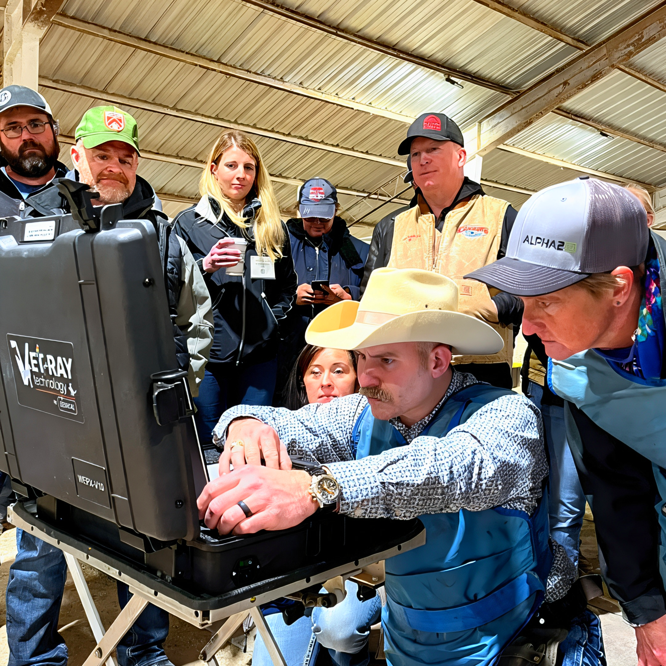 A group of people, including men and women, gathered around a medical gurney in an outdoor setting. They appear to be inspecting or working on a piece of equipment, with some holding phones or papers. The background has a metal roof and wooden beams.