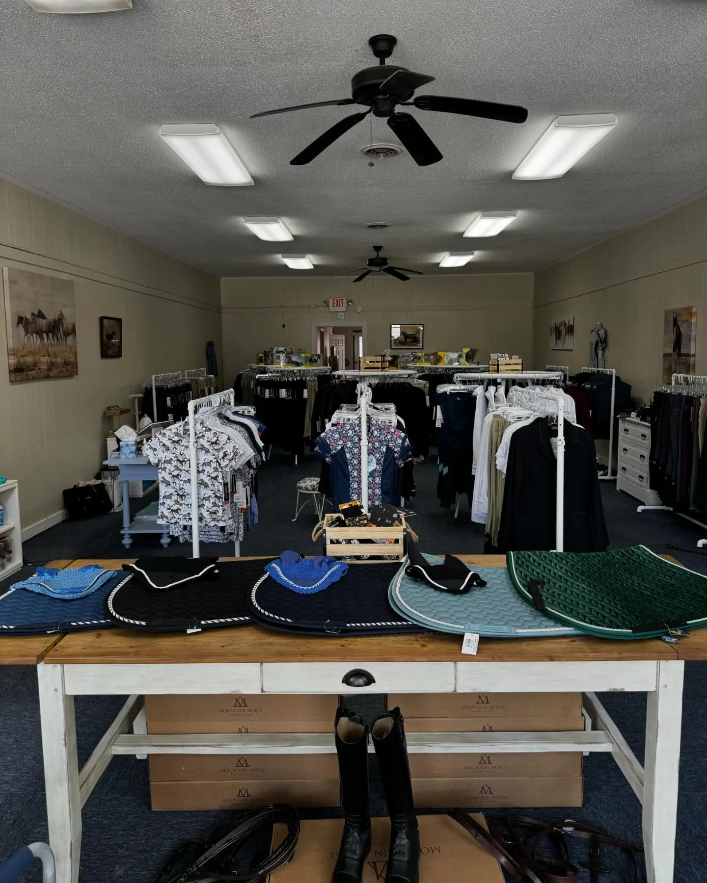 A closer look into our front table!! We have every thing you&rsquo;ll need to get set up for lessons this fall! We have a wide selection of saddle pads and bonnets available to always keep you looking your best even in lessons!! Stop in today to see 