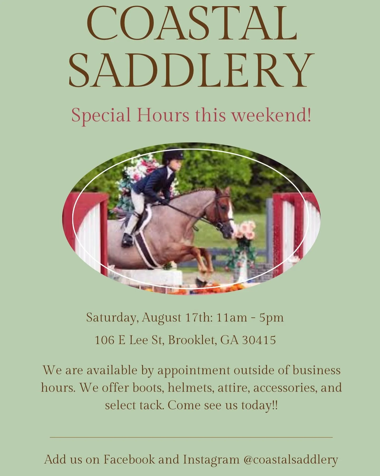 This weekend the store will be open from 11am until 5pm to welcome riders from the CHC show in Statesboro. We hope to see some of our local riders this weekend and will have a surprise for those attending the show! Come visit us during our special ho