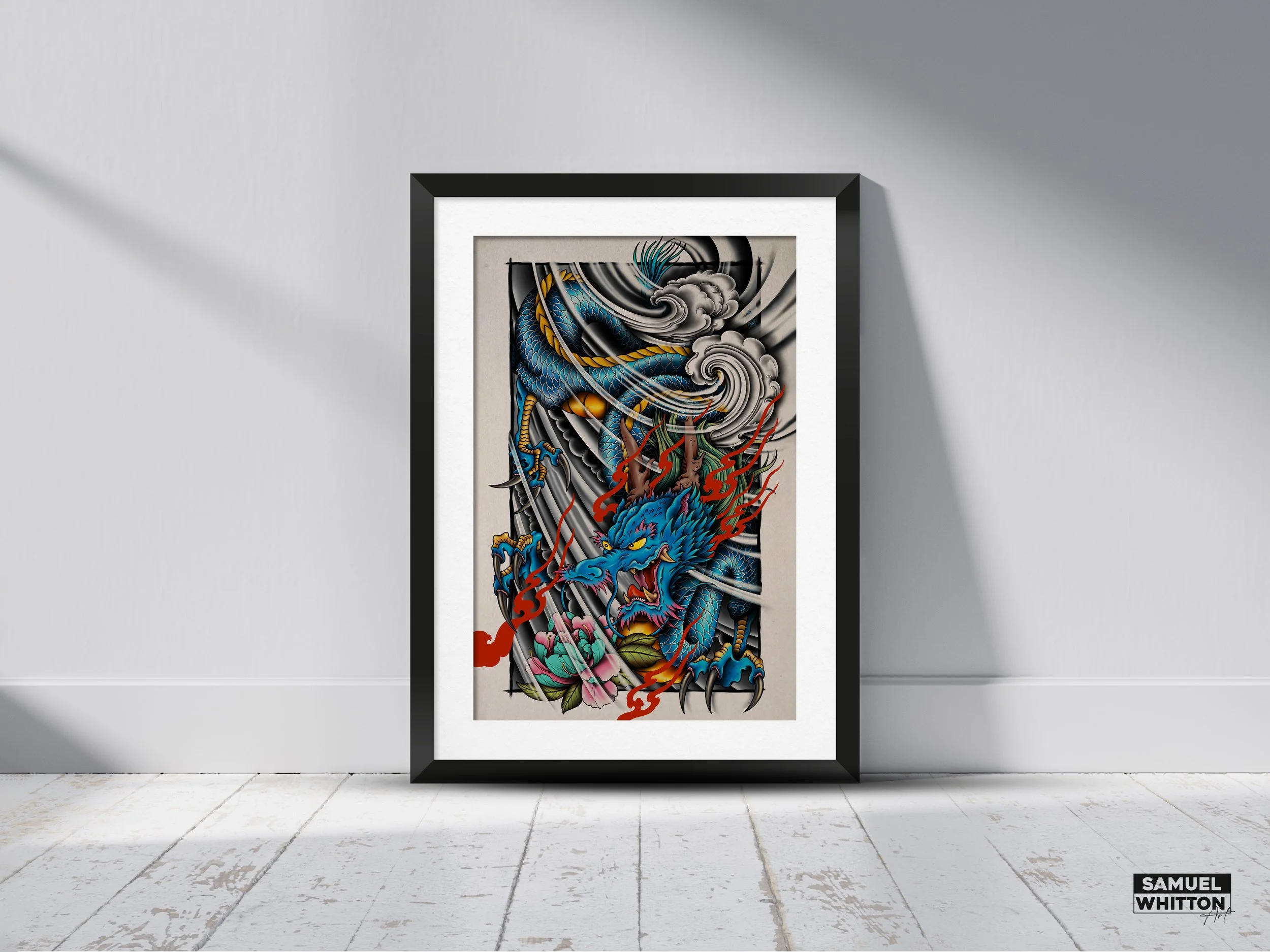 Framed artwork featuring a colorful mythical dragon, predominantly blue and red, with swirling clouds and dynamic lines in a modern setting.