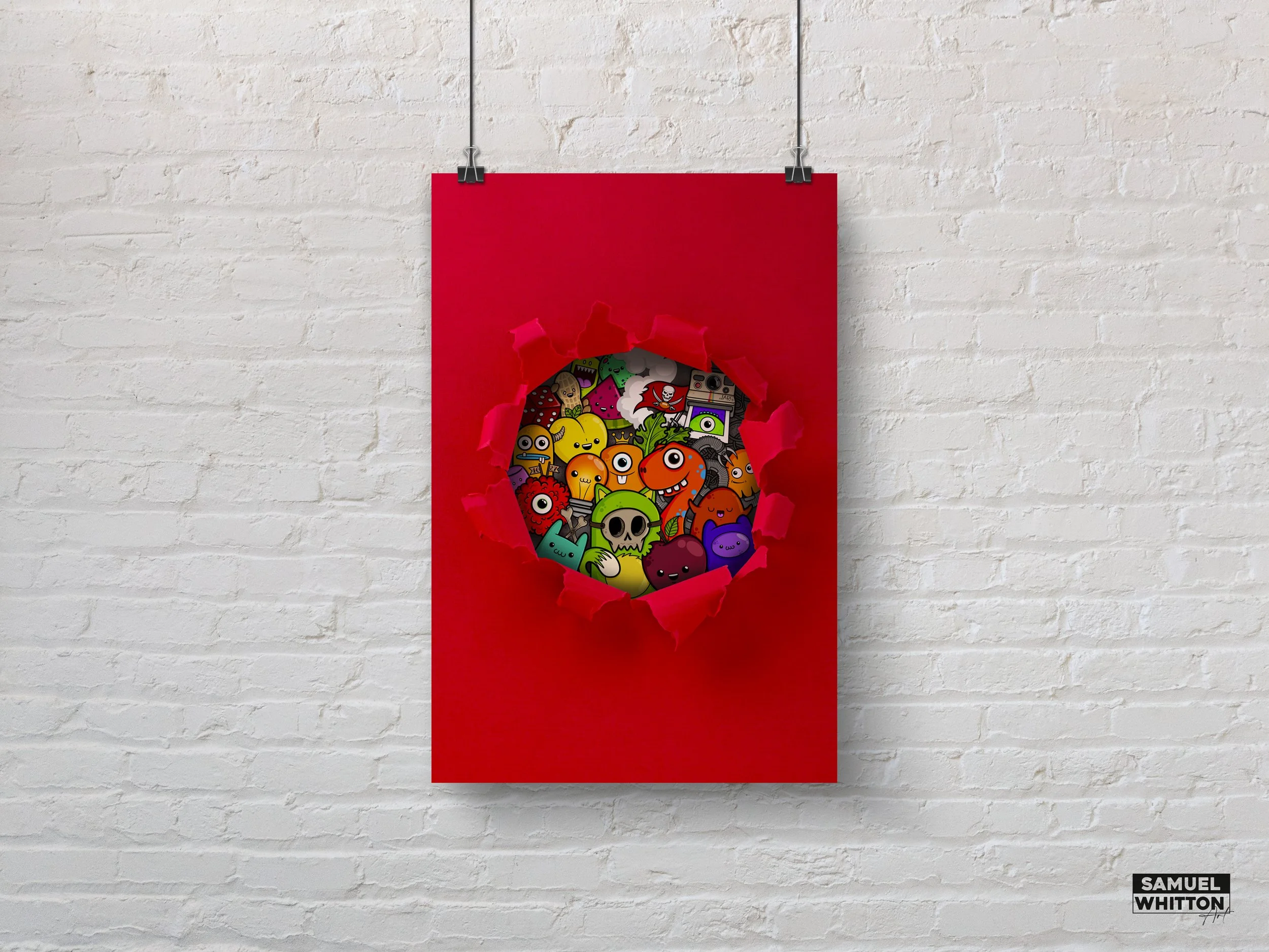 A red poster with a torn circle revealing colorful cartoon monsters on a brick wall.