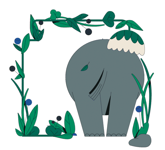 Illustration d'un éléphant gris avec un arbre et des plantes verdoyantes formant un cadre autour de lui.