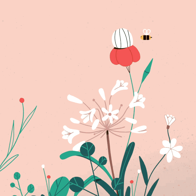 Illustration de fleurs avec une abeille volant à proximité sur un fond beige