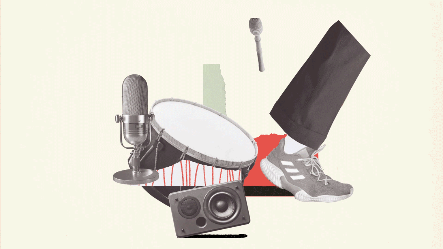 Collage d'objets liés à la musique et au sport, incluant un micro, une batterie, un haut-parleur, une baguette de tambour, une chaussure de sport et une enceinte. Arrière-plan avec formes abstraites.