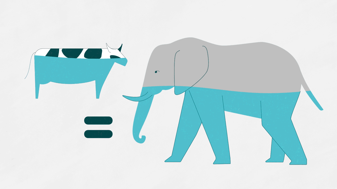 Dessin d'une vache plus grande qu'une éléphant formant une équation