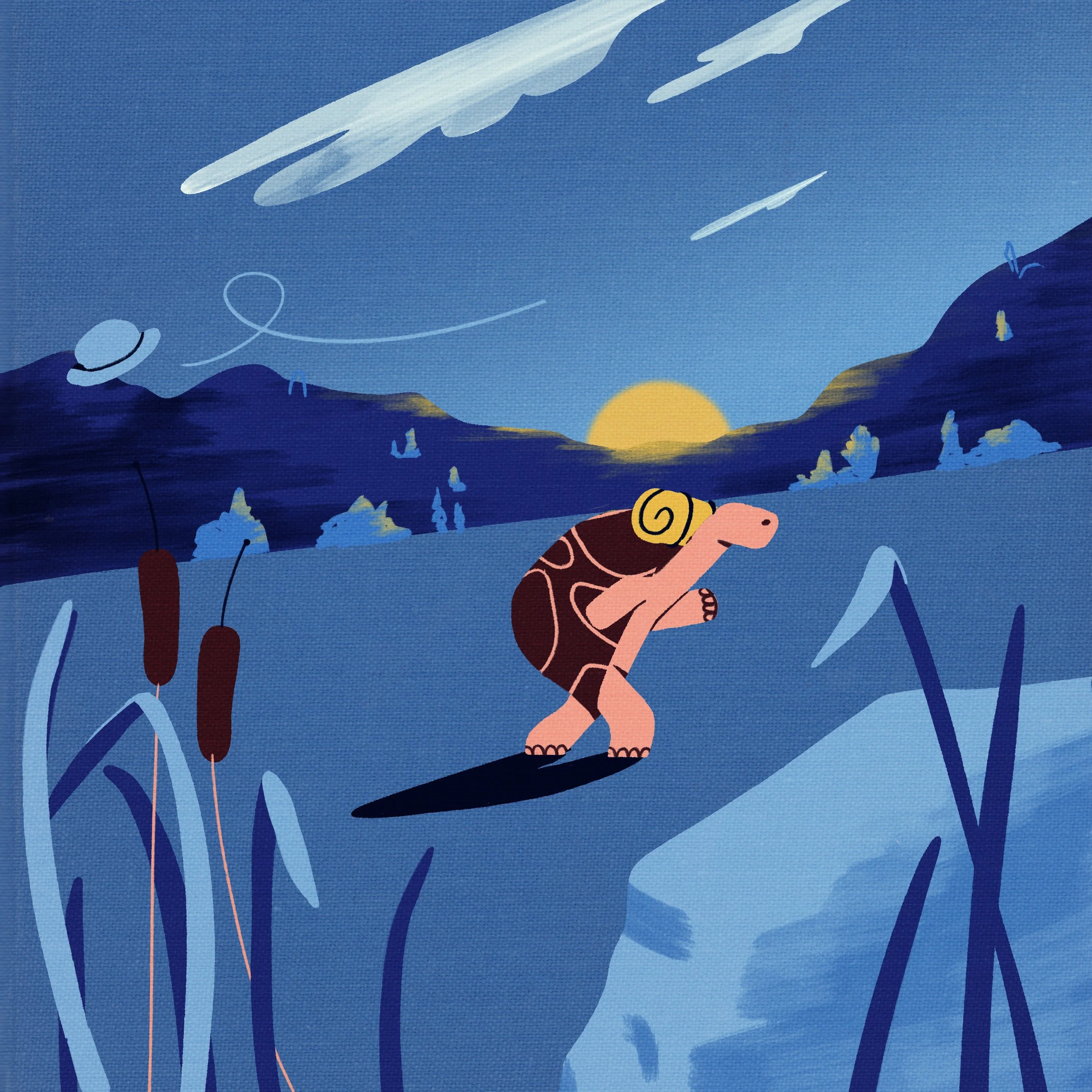 Une illustration de style cartoon représentant un animal ressemblant à un mammouth sur une surface glacée au coucher du soleil, avec des montagnes en arrière-plan, des plantes aquatiques et deux planètes dans le ciel.