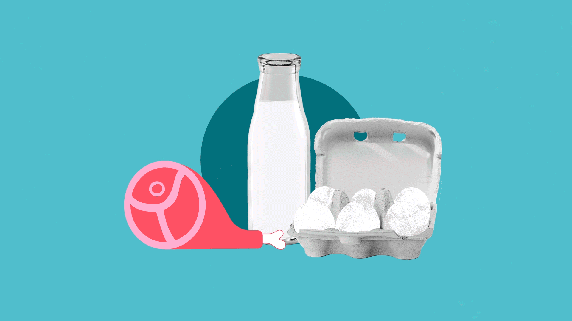 L214 - illustration bouteille lait, viande et oeufs - Capucine Bertin