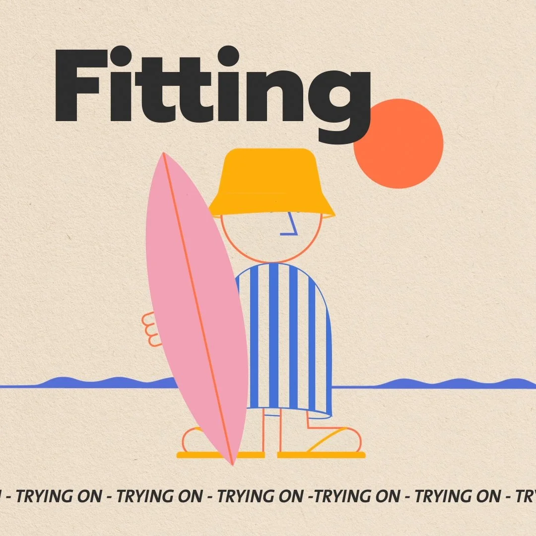 Illustration minimaliste d'une personne en maillot de bain avec un chapeau jaune, tenant une planche de surf rose, à la plage avec soleil rouge à l'arrière.