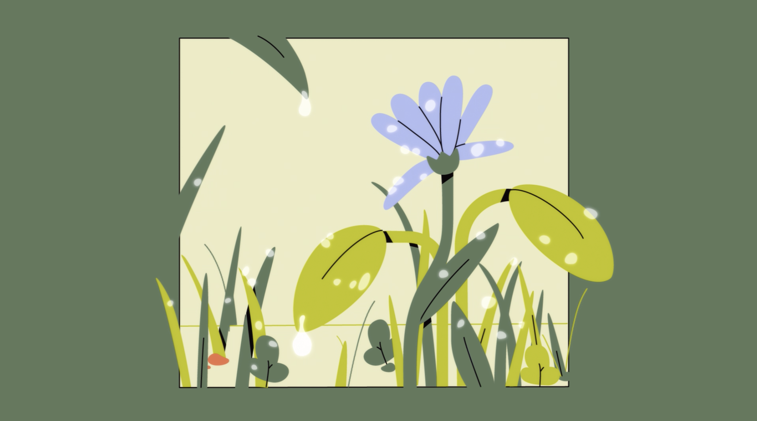 Illustration de fleurs et d'herbes dans une fenêtre avec lumière douce et des étincelles.