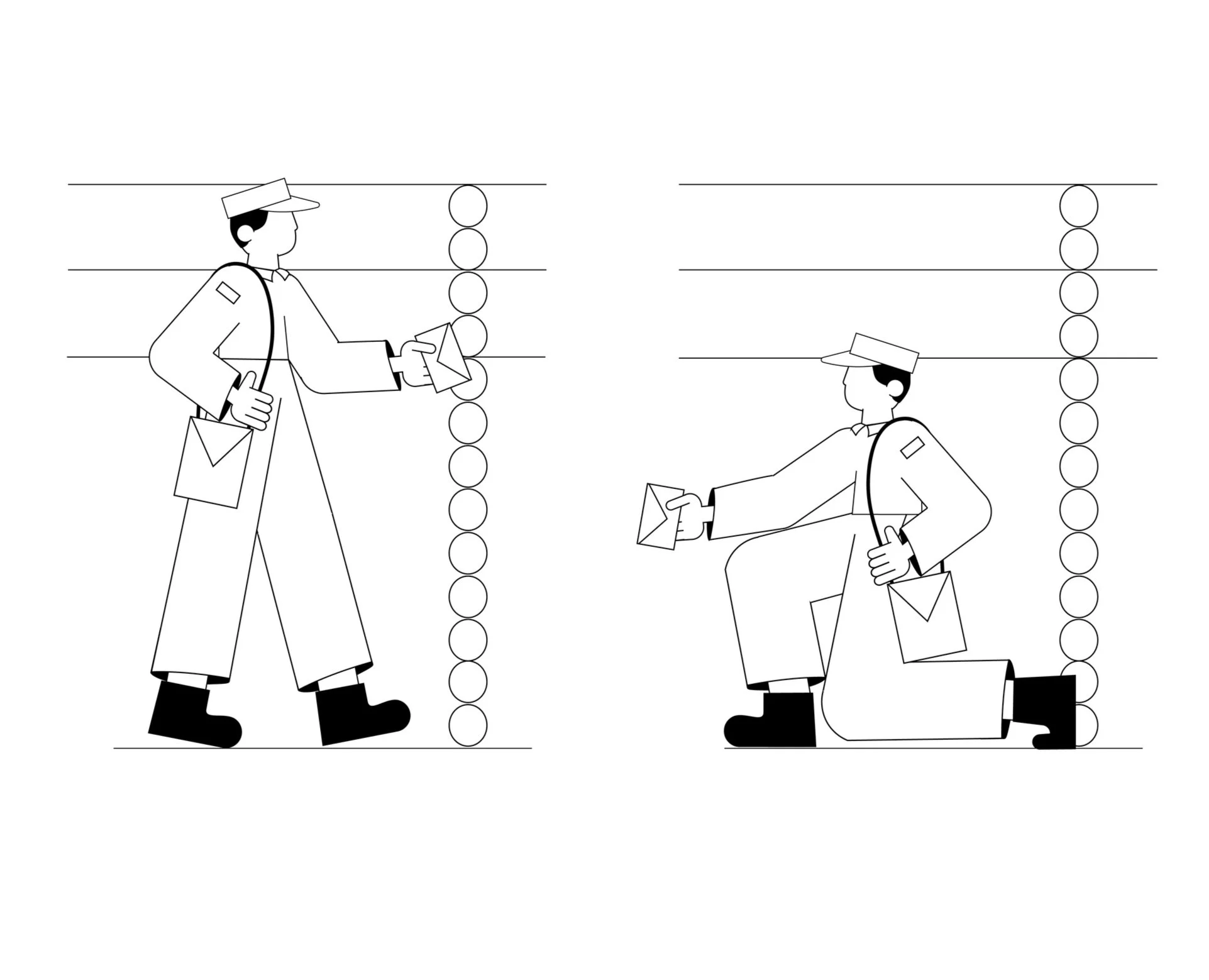 Schéma en noir et blanc illustrant deux stylisations d'un facteur avec sacs et courrier : un à pied en train de distribuer du courrier, et un autre à genoux, aussi en train de remettre du courrier.