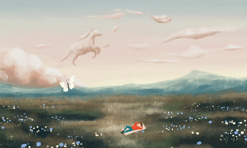 animation - champ personnage, nuage musique classique