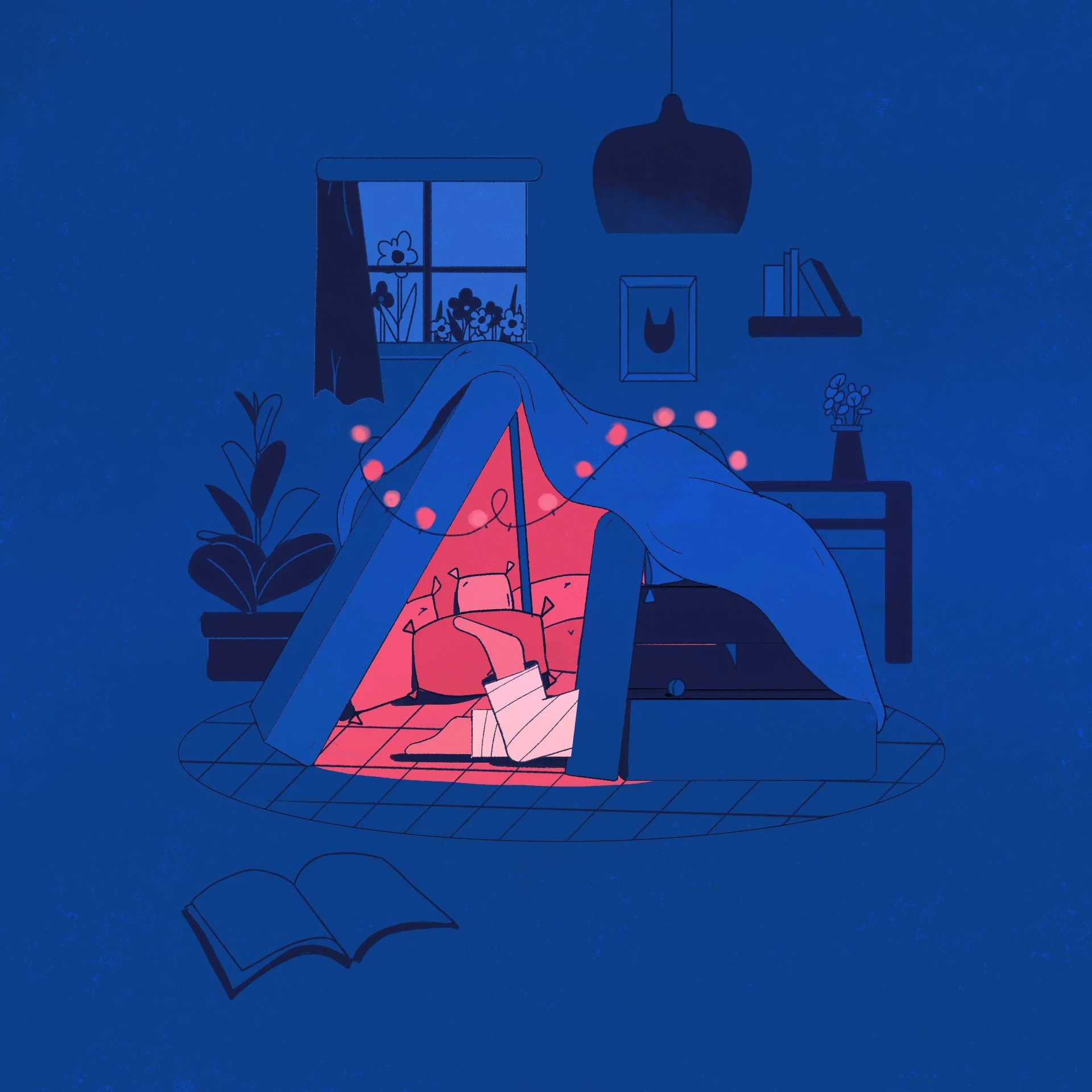 Une personne dort dans une tente rose dans une pièce sombre; la tente est éclairée d'une lumière rose. La pièce est décorée avec des plantes, des livres, une photo d'animal, et une lampe suspendue. Il y a un livre ouvert sur le sol à l'extérieur de l