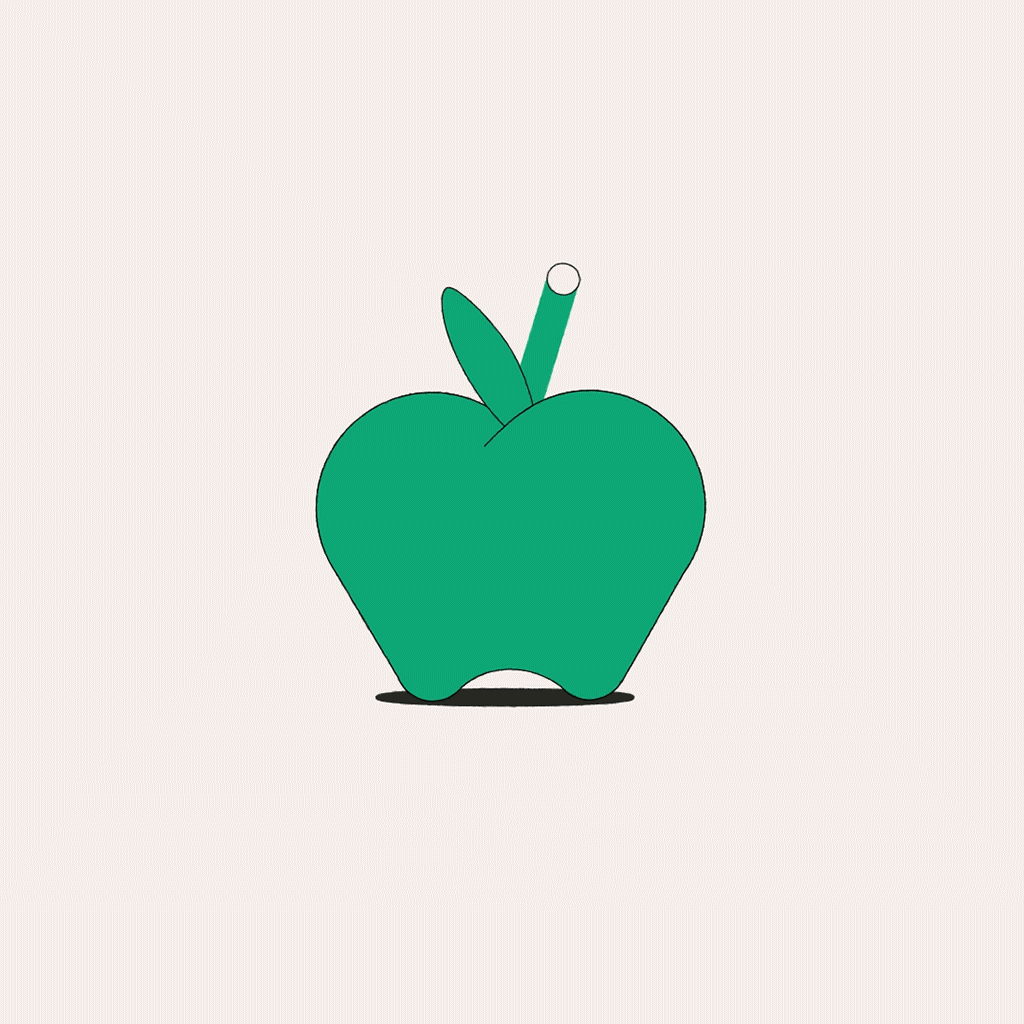 Une illustration de style minimaliste d'une pomme verte avec une tige et deux feuilles, sur fond gris clair.