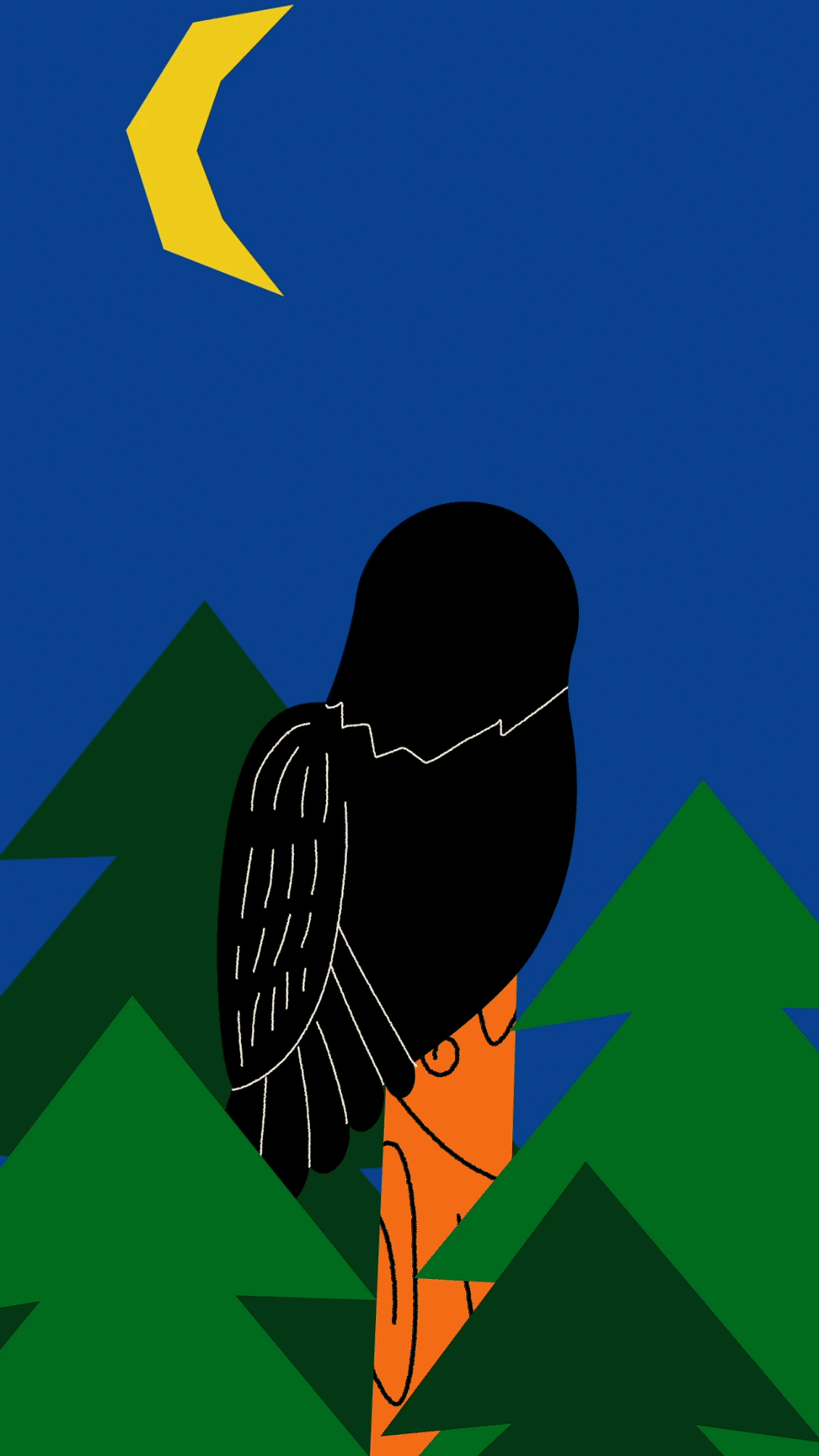 Illustration d'un oiseau noir perchée sur une branche d'arbre, avec un fond de montagnes vertes, un ciel bleu et une lune jaune dans le ciel.