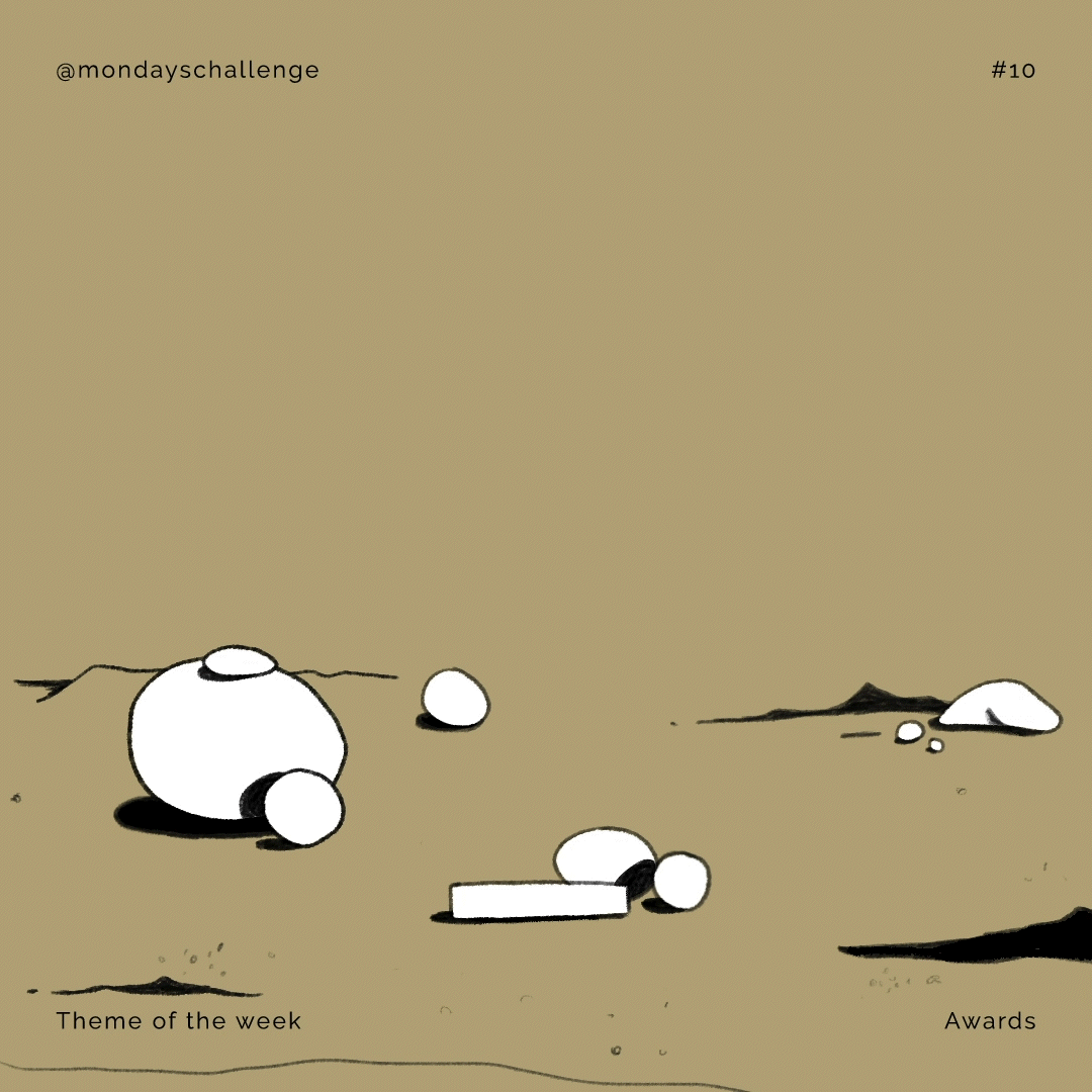 Illustration minimaliste de plusieurs formes ovoidales et rectangulaires blanches dispersées sur un fond beige, évoquant un paysage désertique ou lunaire.