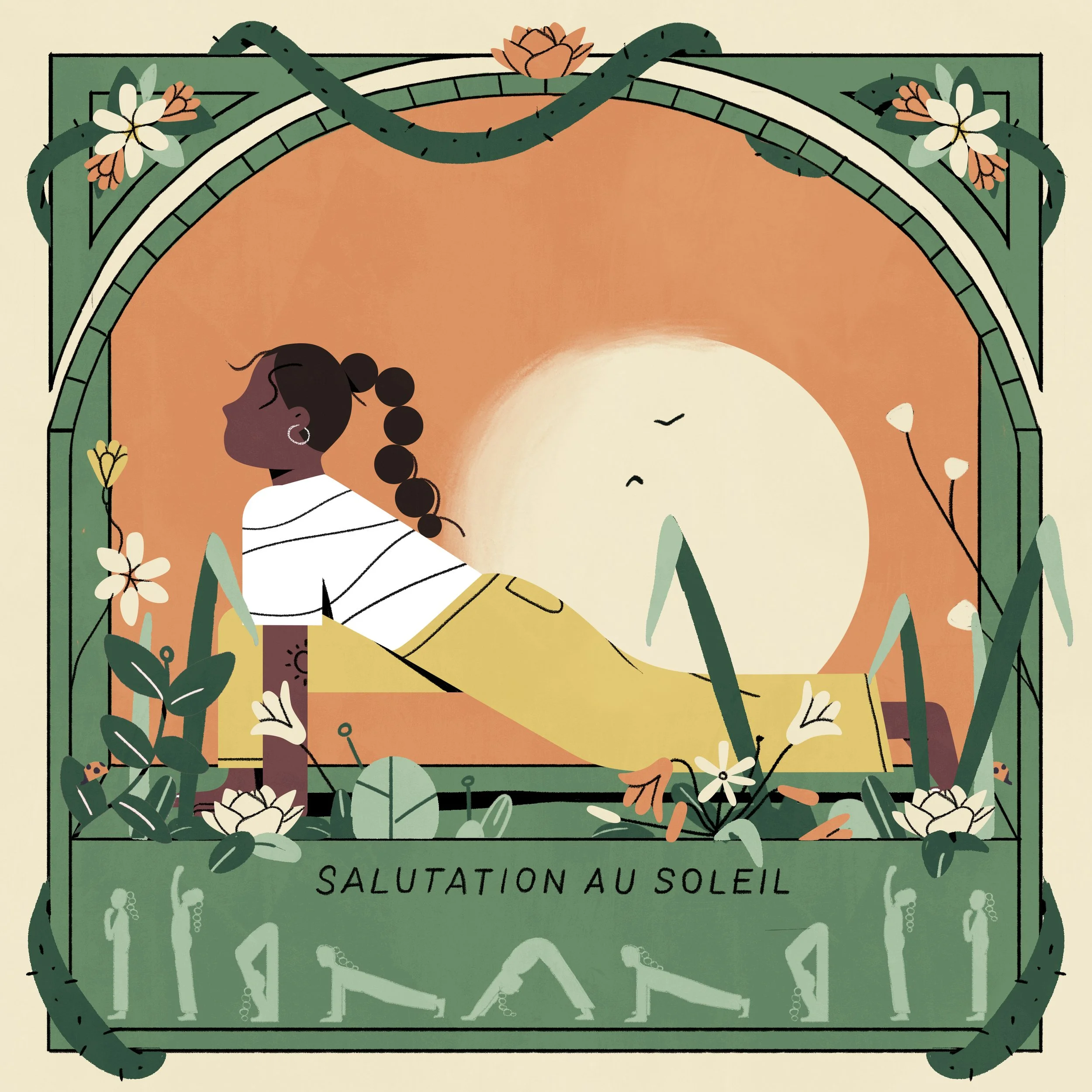 Illustration d'une femme allongée dans la nature au coucher du soleil, entourée de fleurs et de plantes, avec un fond de soleil et oiseaux dans le ciel, et la phrase 'Salutation au soleil' en bas.
