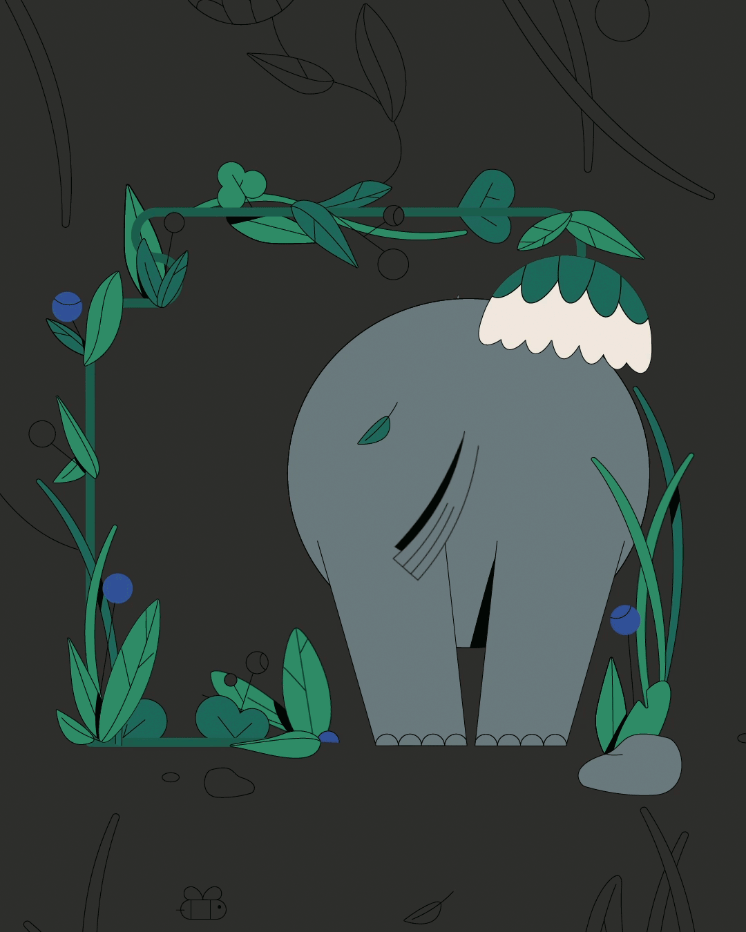 Illustration d'un éléphant vu de derrière, entouré de végétation avec des feuilles et des baies, dans un style minimaliste et coloré.
