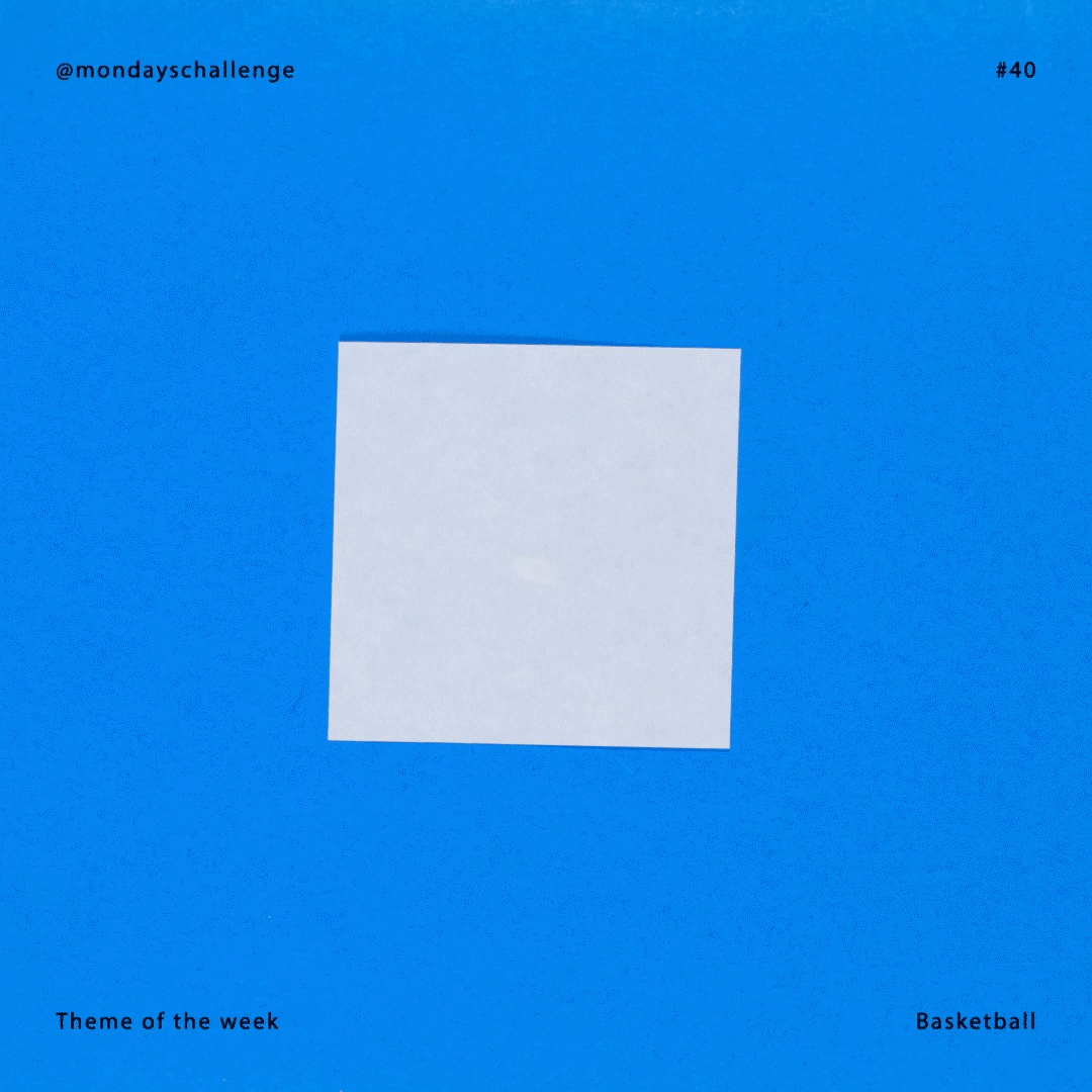 Une image bleue avec un carré blanc au centre, texte en haut à gauche '@mondaychallenge', en haut à droite '#40', en bas à gauche 'Theme of the week', en bas à droite 'Basketball'.