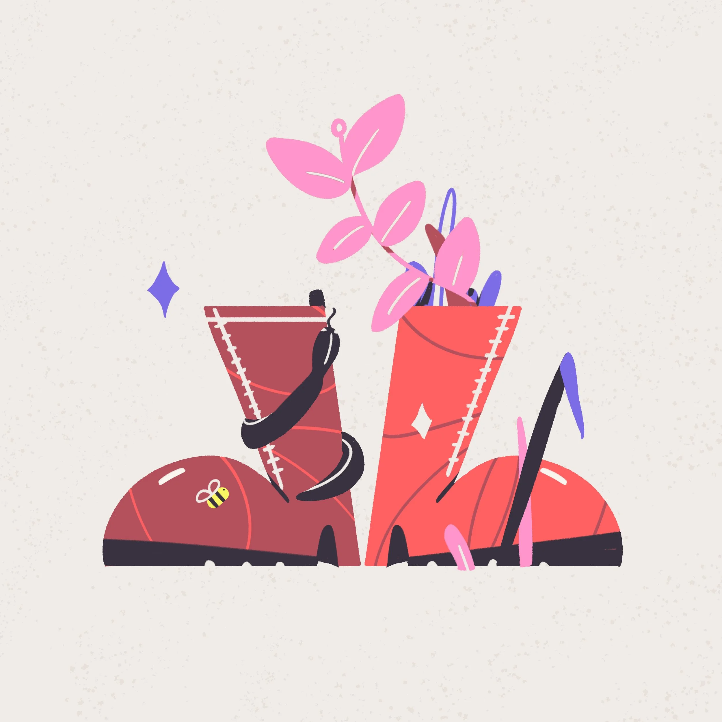 Illustration stylisée de bottes de randonnée roses avec des plantes vertes dans une des bottes, une petite abeille sur la semelle d'une autre botte, sur un fond clair avec des petites taches.