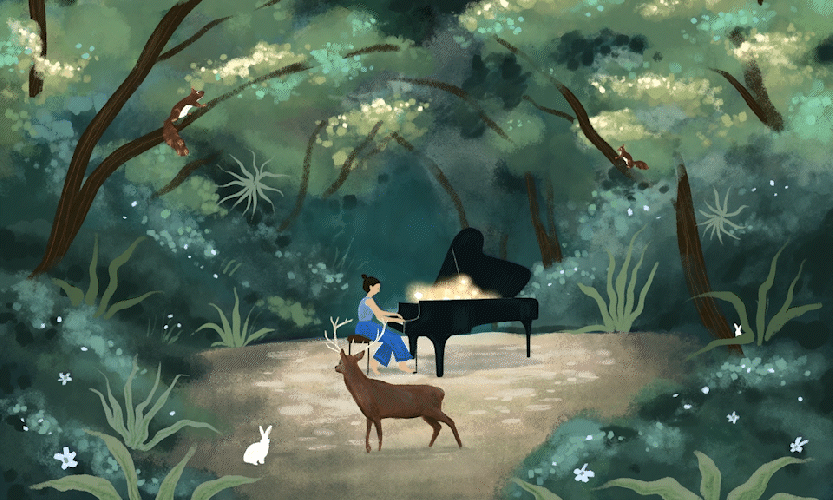 animation - lapin, cerf, personnage et piano musique classique