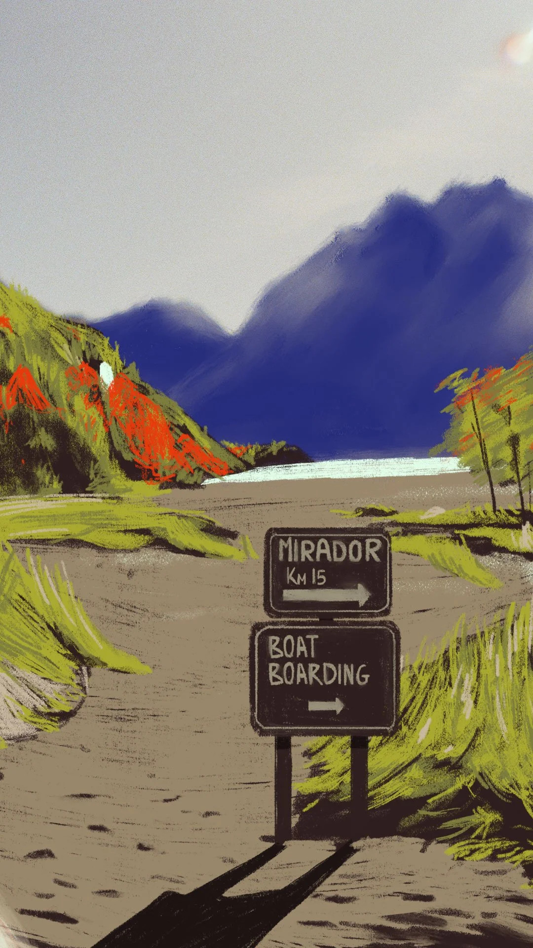Un signe indiquant ''Mirador km 15'' et ''Boat Boarding'', située dans un paysage de montagnes et de rivière, avec des arbres et un ciel nuageux.
