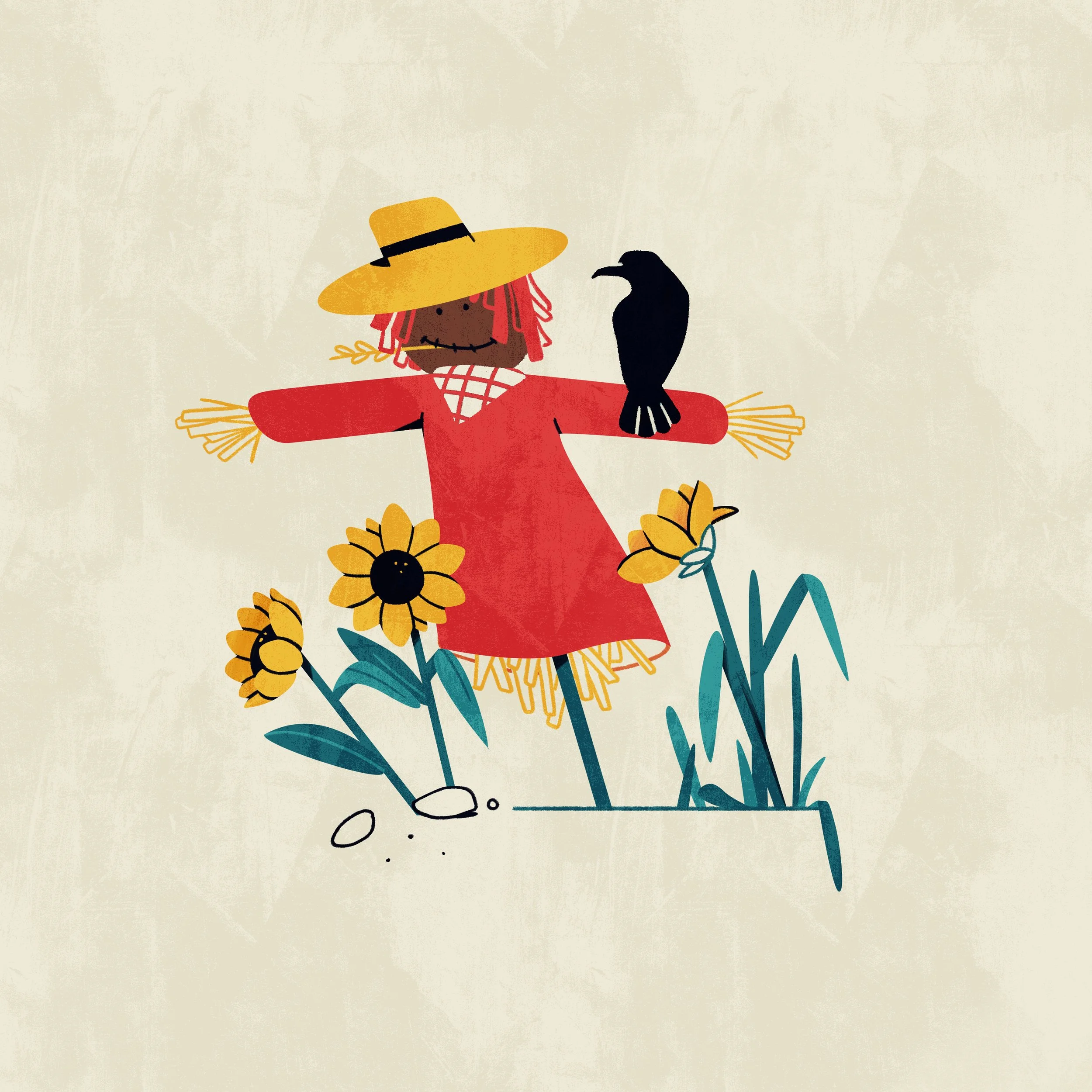 Illustration d'une enfant avec une robe rouge, un chapeau large et des tresses, tenant un oiseau noir sur la main, entourée de tournesols.