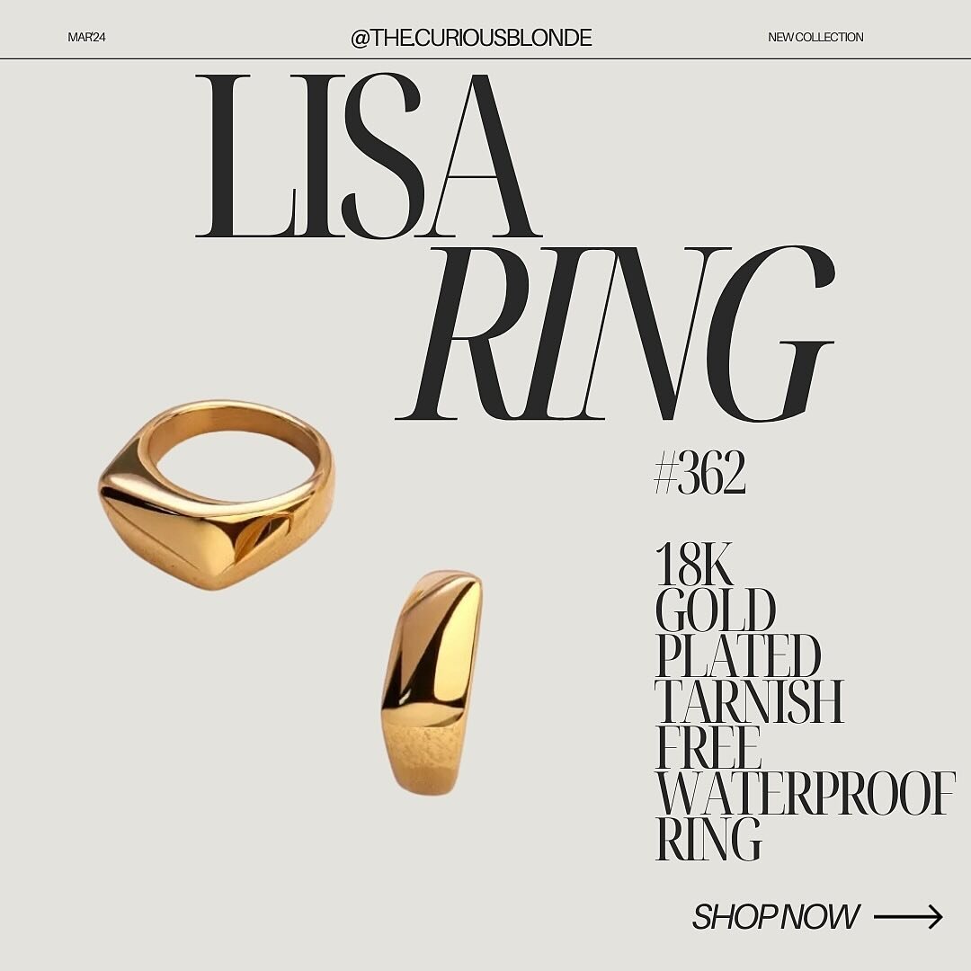 Lisa Ring
Available in Sizes 6, 7, 8, &amp; 9
18K Gold Plated Stainless Steel
Tarnish Free
Waterproof
$25