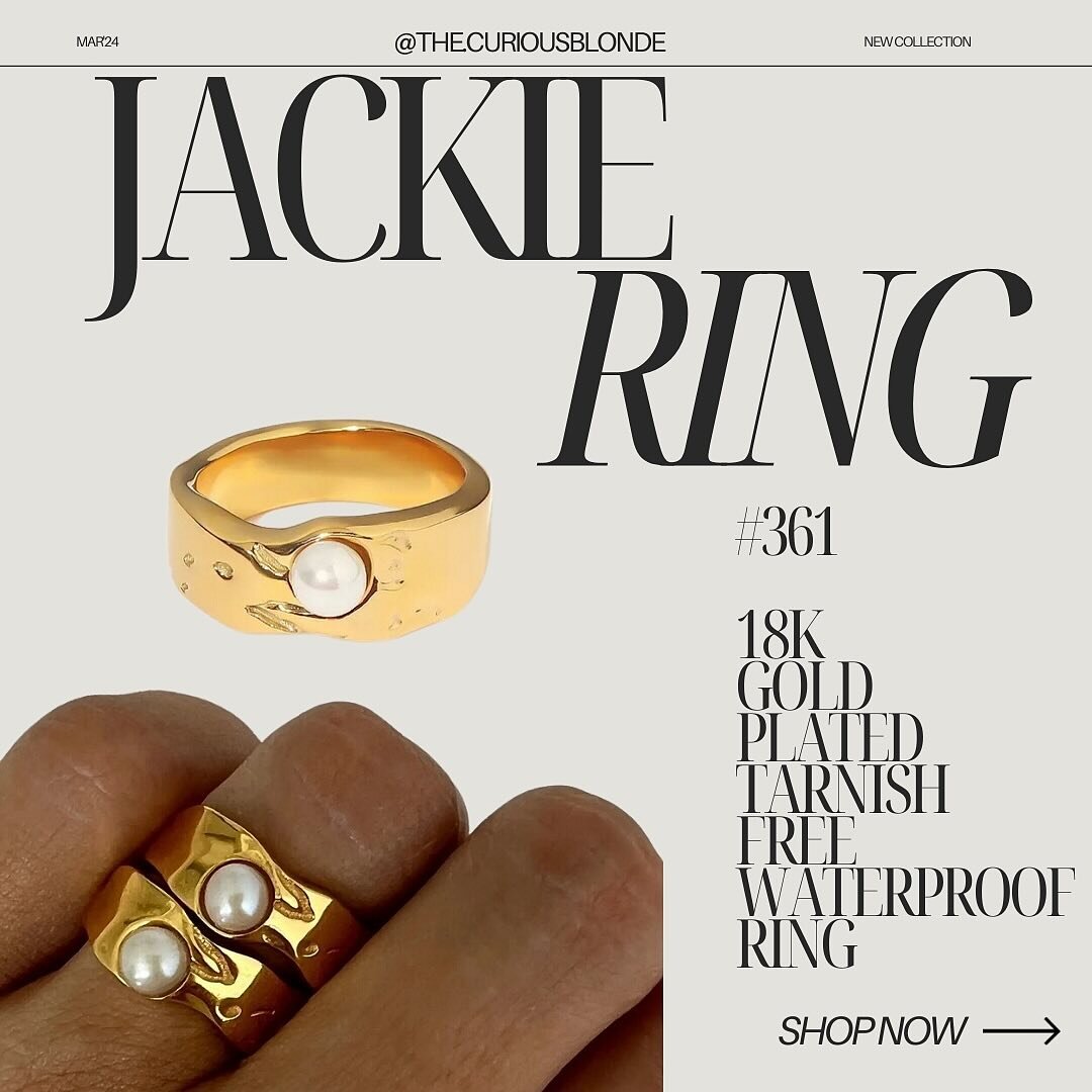 Jackie Ring
Available in Sizes 6, 7, &amp; 8
18k Gold Plated Stainless Steel
Tarnish Free
Waterproof
