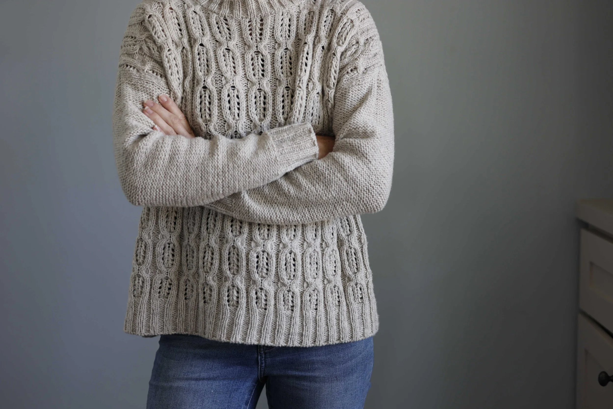 Kirsten Joel wearing a published hand-knit design.