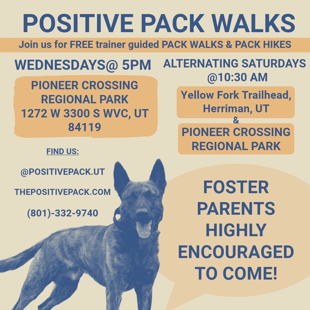 Pack Walks are officially in Spring, and we've made a few updates! 

Wednesday walks are now at 5 pm at Pioneer Crossing Regional Park in West Valley City, we might add in some new locations. If you have a suggestion on where we should walk, comment 