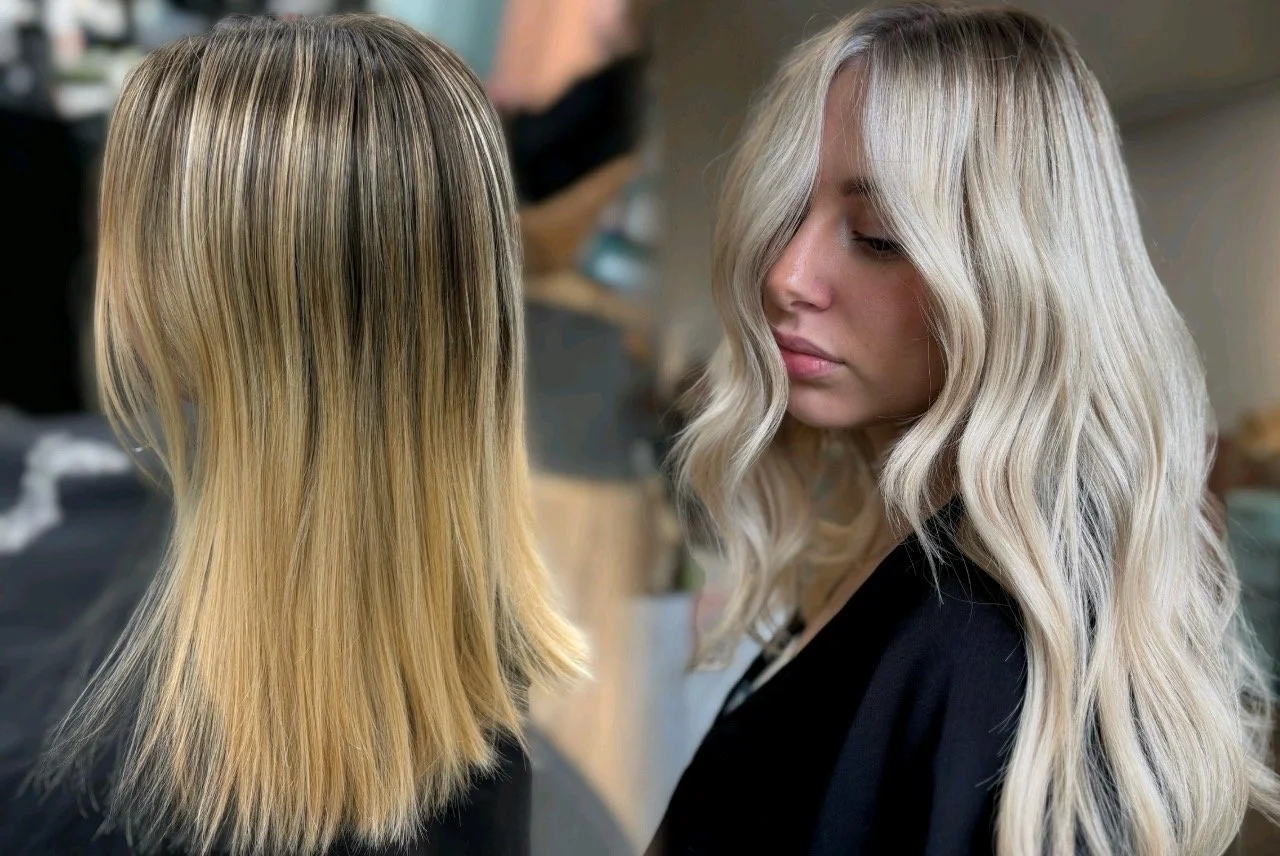 Before and after photo of a warm grown out flat blonde hair color on the left and on the right a super vibrant, bright blonde highlight. With a soft dimensional root for low maintenance grow out from Nick at CocoLemon Salon in Richmond, VA