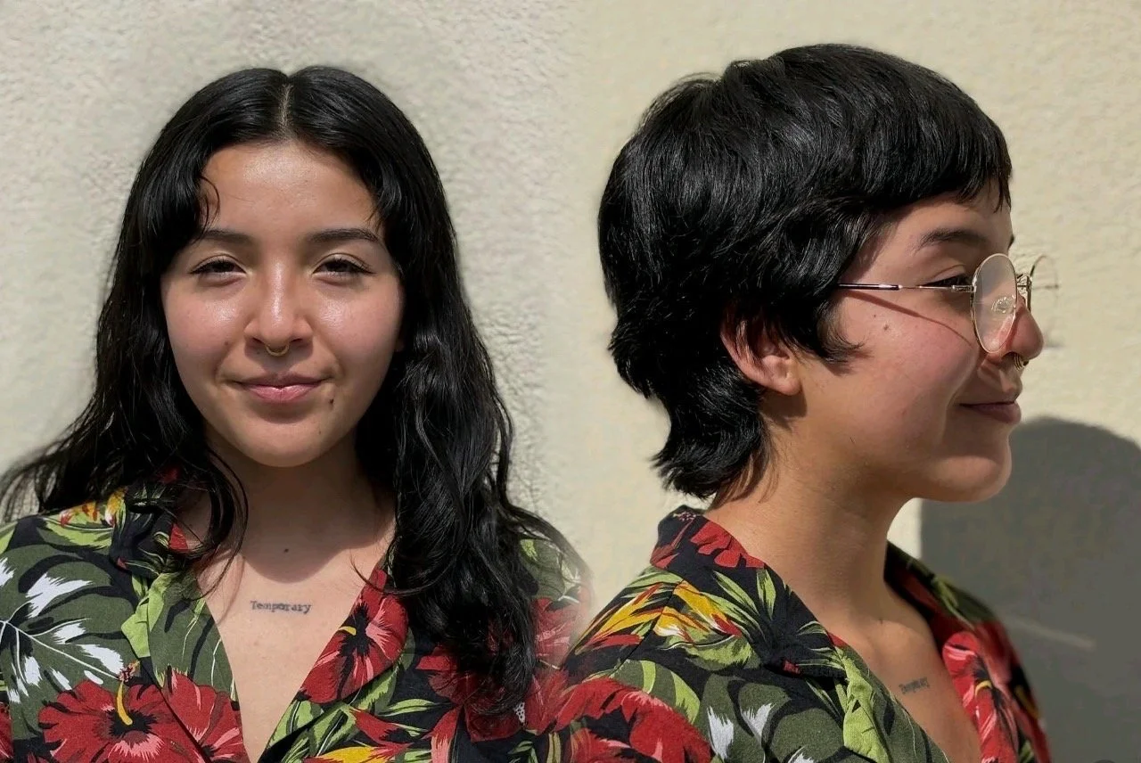 Before and after of a short textured pixie cut with soft layering and natural dark hair, showcasing a modern low-maintenance haircut at a hair salon in Richmond, VA