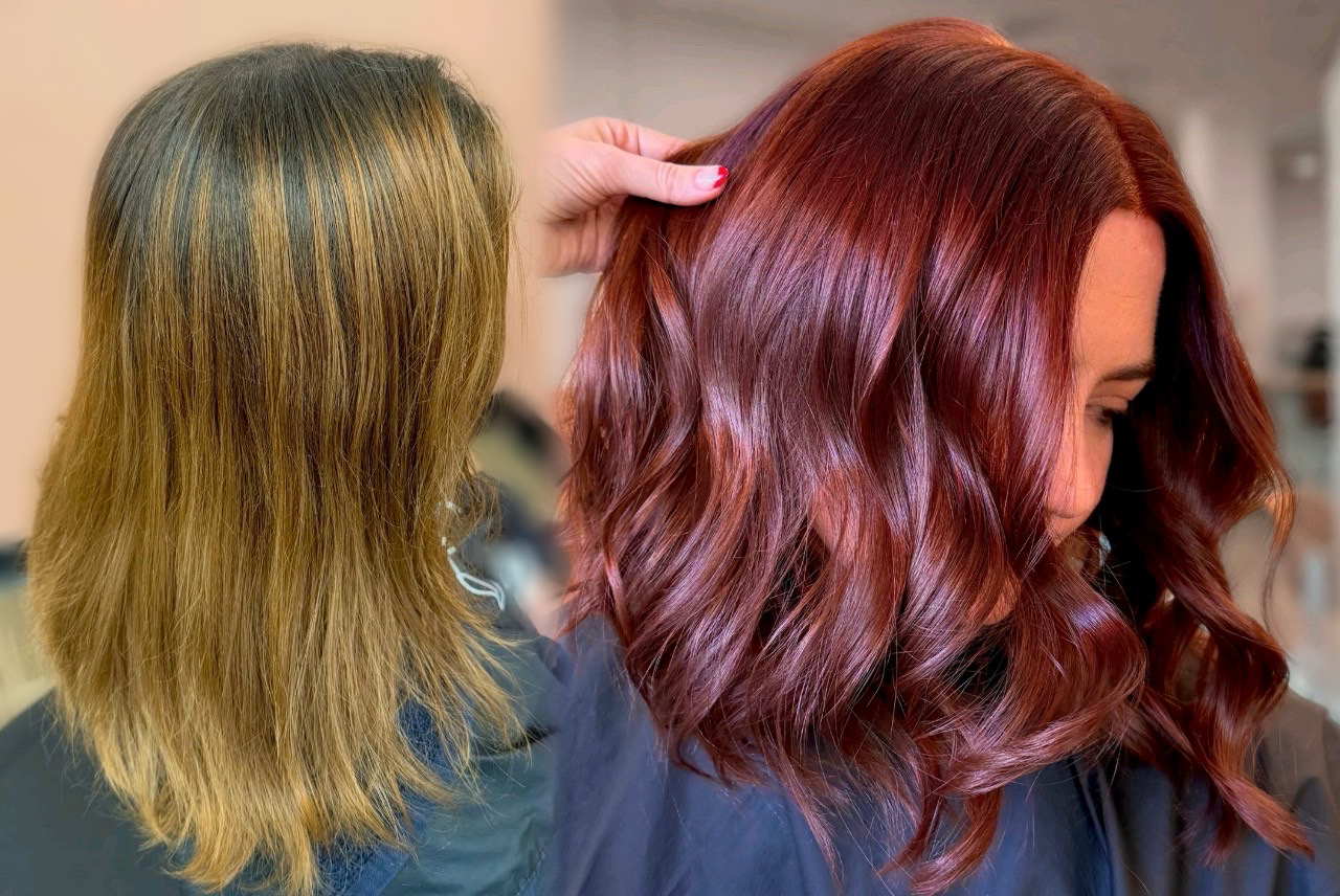 Before and After hair color transformation by Eileen at CocoLemon Salon in Richmond, Va. On the left is a grown out soft copper and on the right a refreshed color of a vibrant bright rich auburn copper.