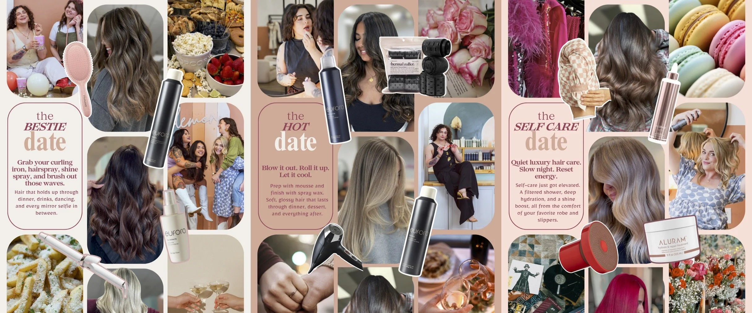 The Hair Date Edit by CocoLemon Hair Salon in Richmond Va featuring three hair routines: Bestie Date Night with soft waves and volume, Hot Date with a polished blowout and shine, and Self-Care Date with a healthy shine reset.