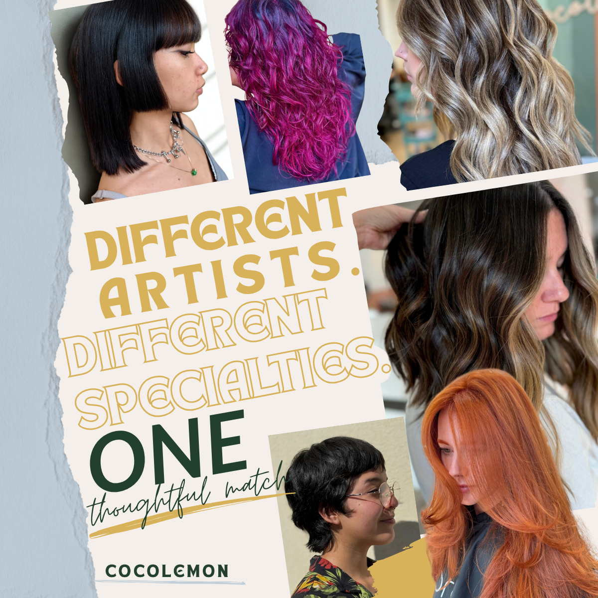 Different artists, different specialties, one thoughtful hairstylist match at CocoLemon Hair Salon in Richmond, Virginia.