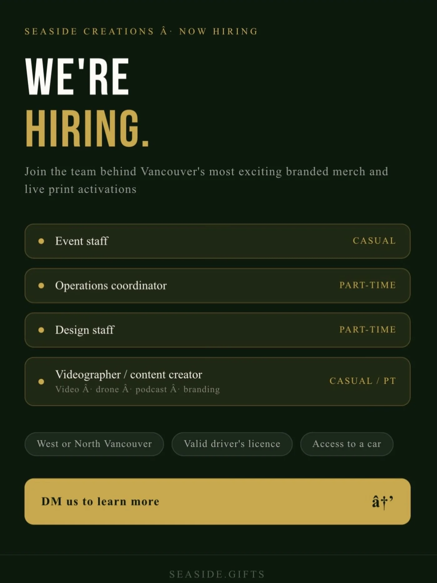 We&rsquo;re growing and we want you on the team.

Seaside Creations is hiring for four roles: casual event staff, part-time operations, part-time design, and a casual/part-time videographer and content creator (video, drone, podcast, branding).

We d