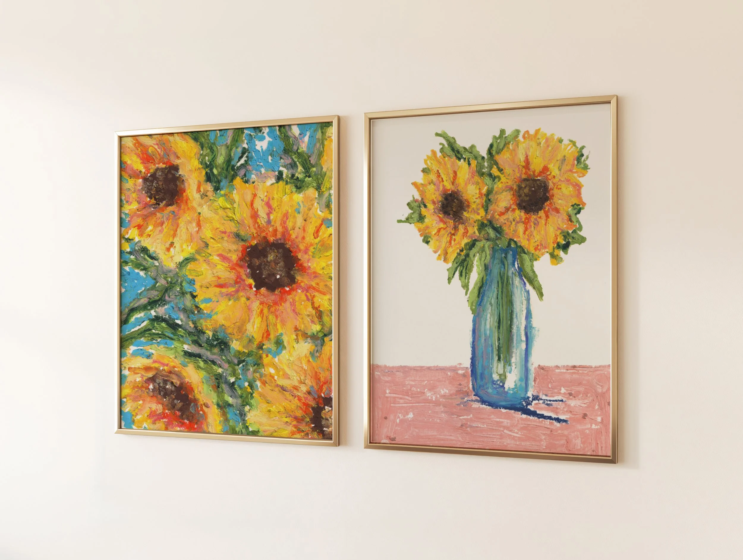 Two paintings of sunflowers, one in a frame on the wall and the other as a still life in a vase, displayed on a white wall.