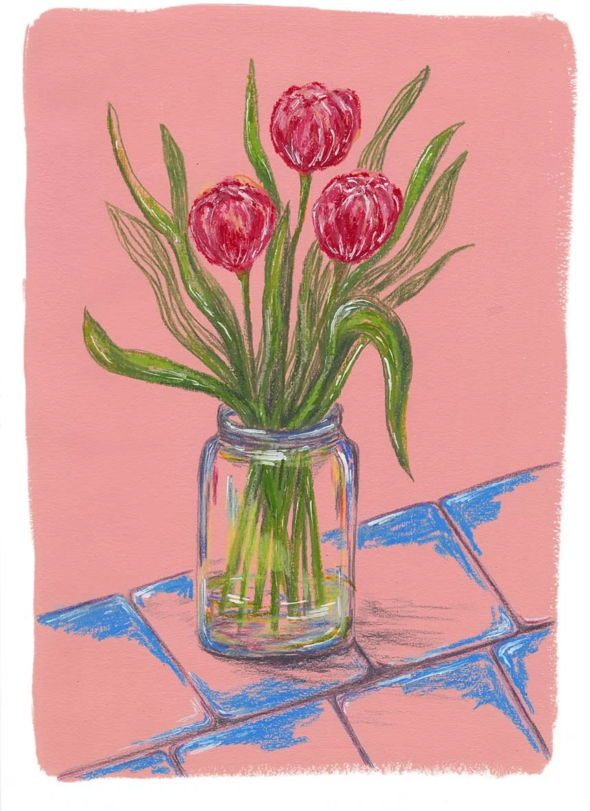 A painting of pink tulips in a glass jar on blue tiles