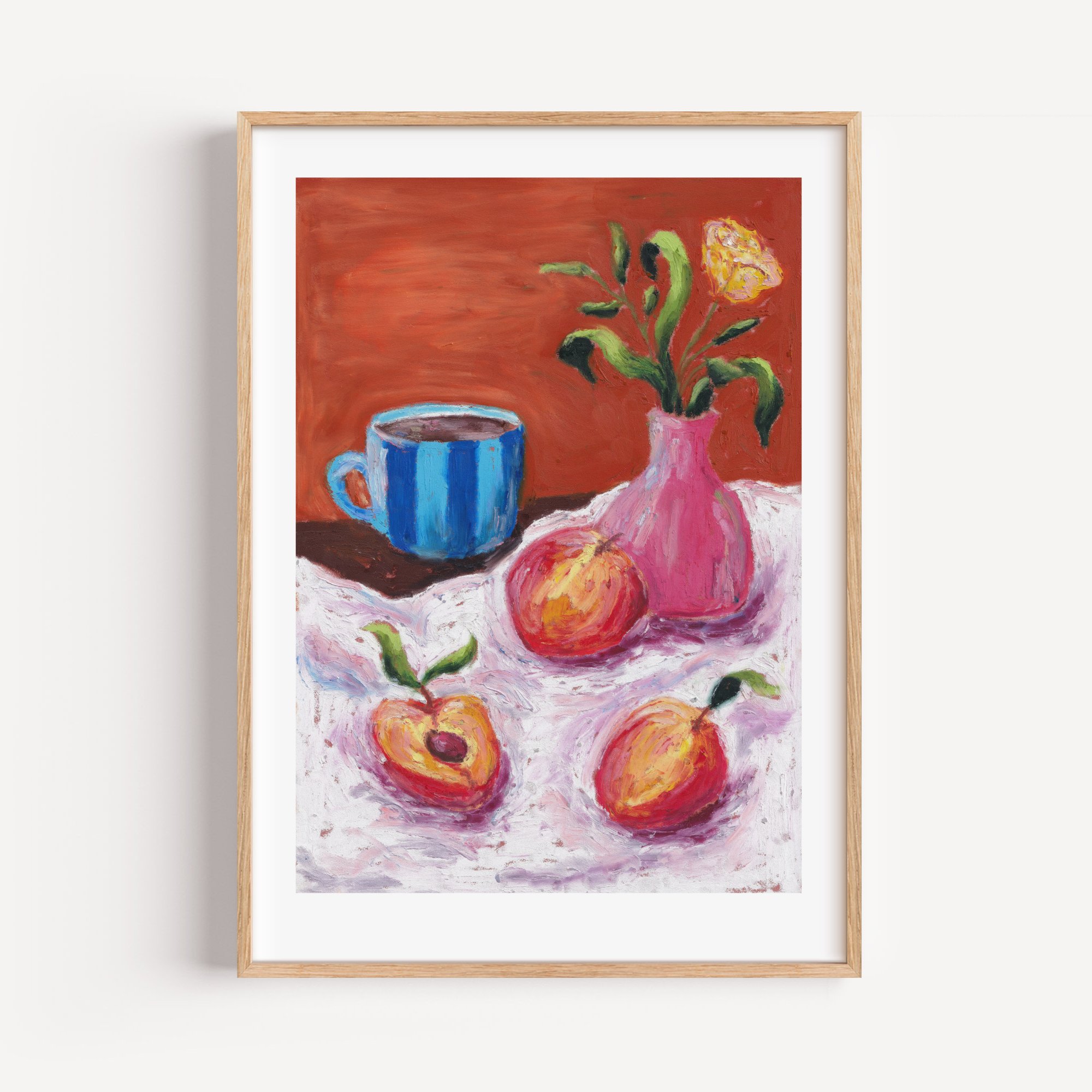 A wooden framed print of an oil pastel painting of peaches, coffee and flowers