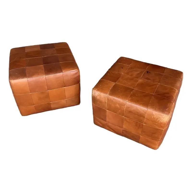 Pair of Stendig De Sede Leather Patch Ottomans